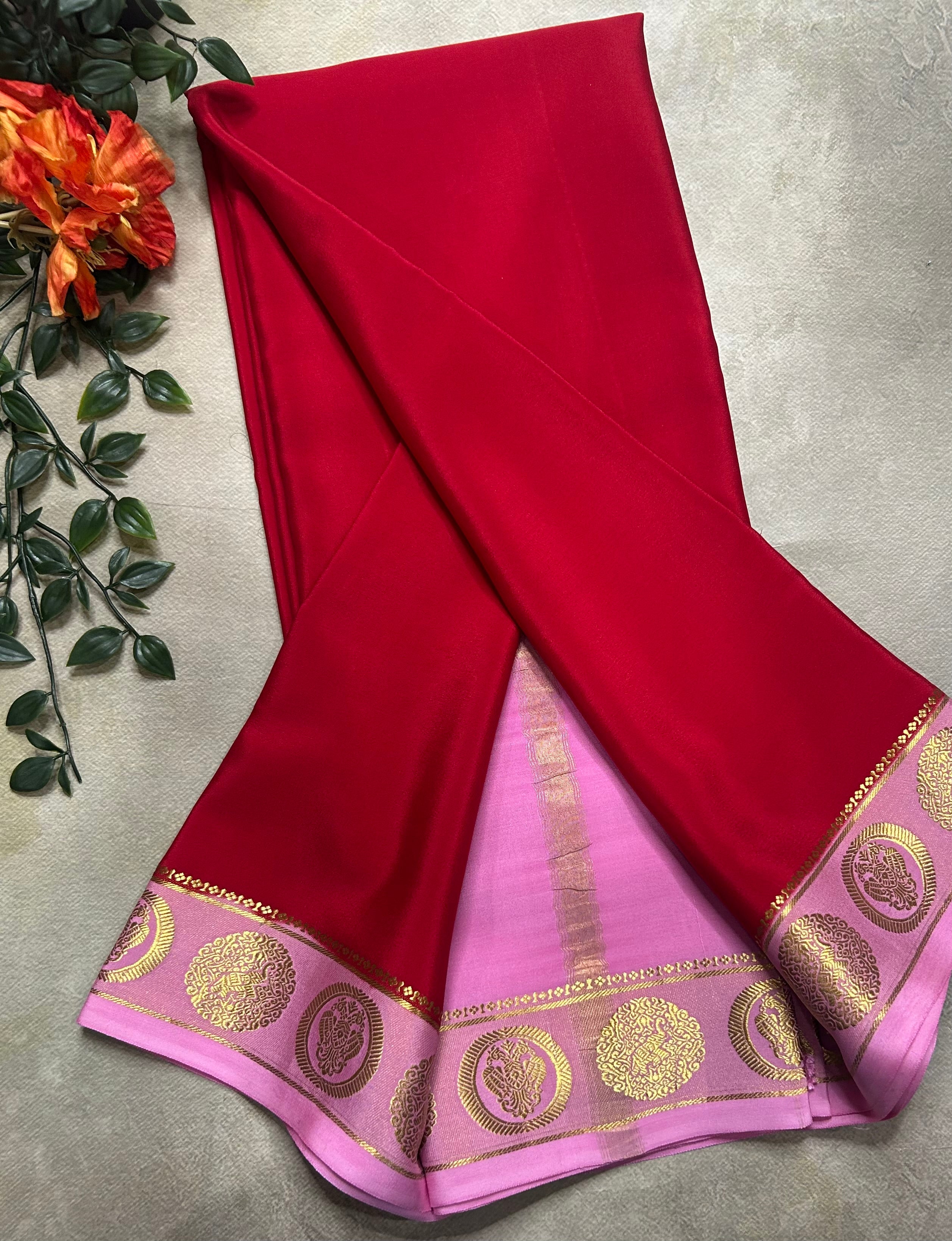 Red n pastel pink pure Mysore silk 104 saree