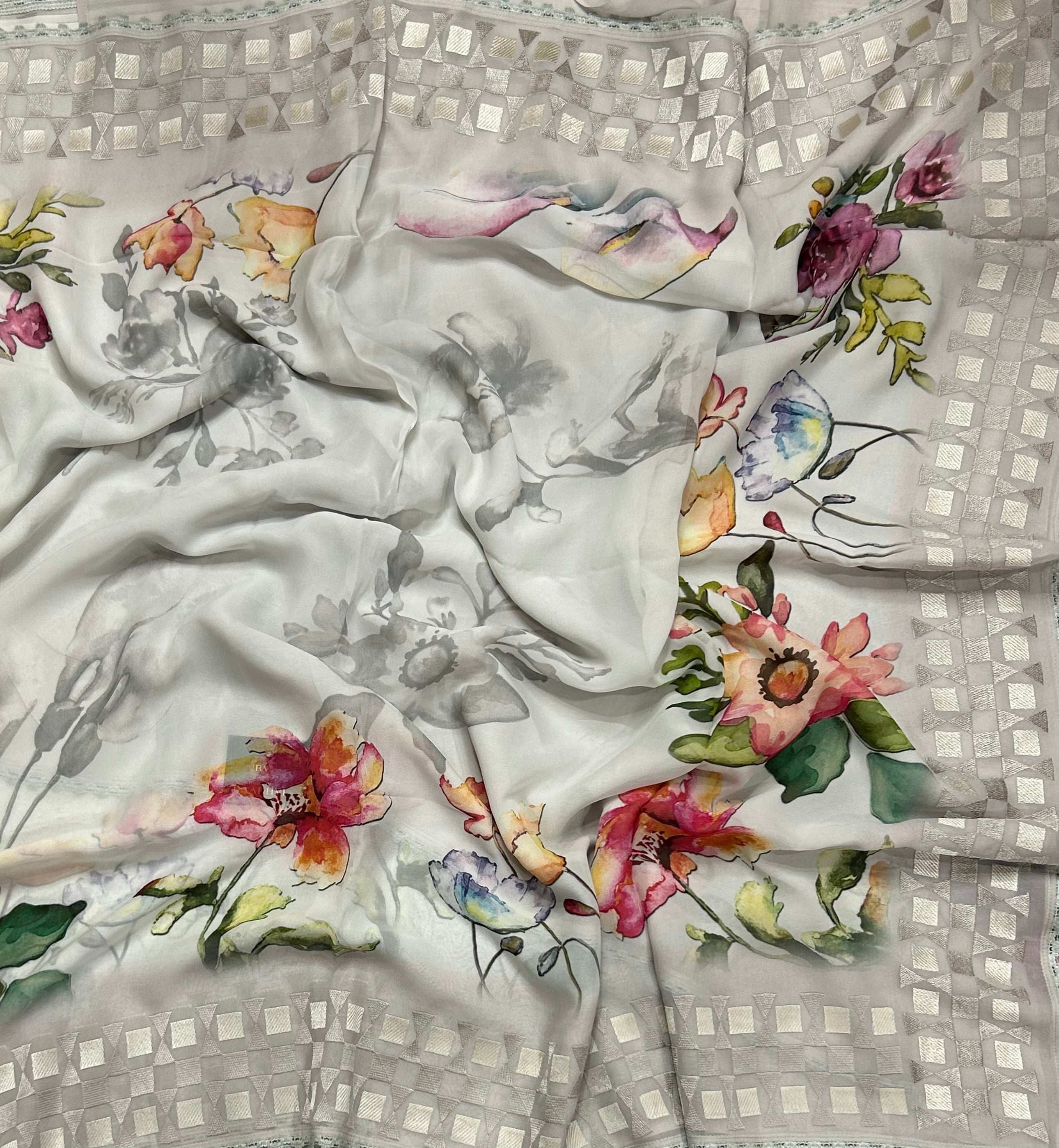 Cream digital printed border 104 chinnon saree