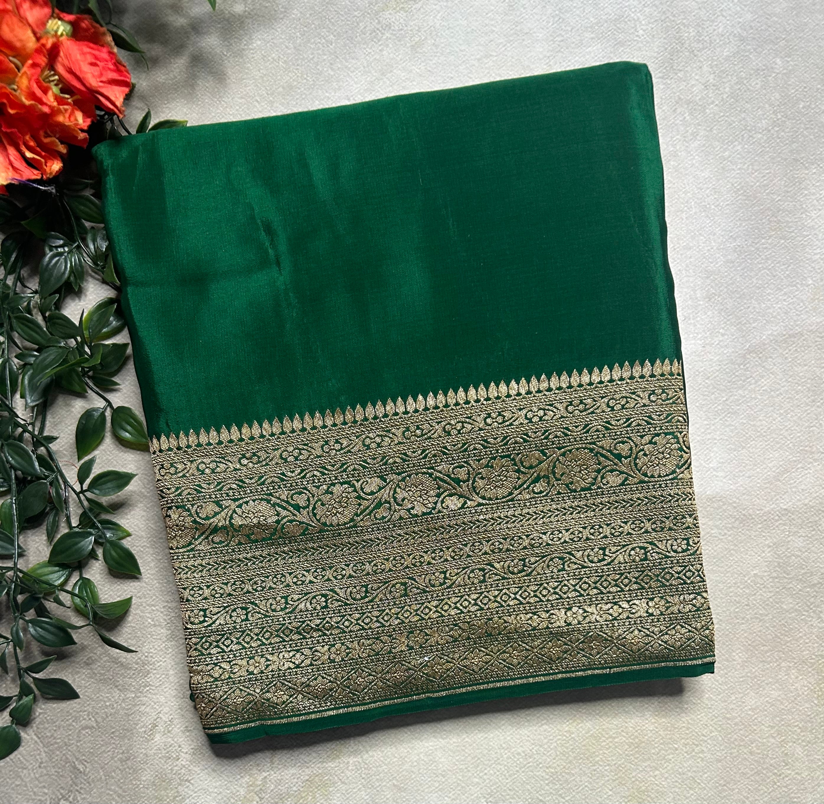 Bottle green pure benarasi 103 crepe silk saree