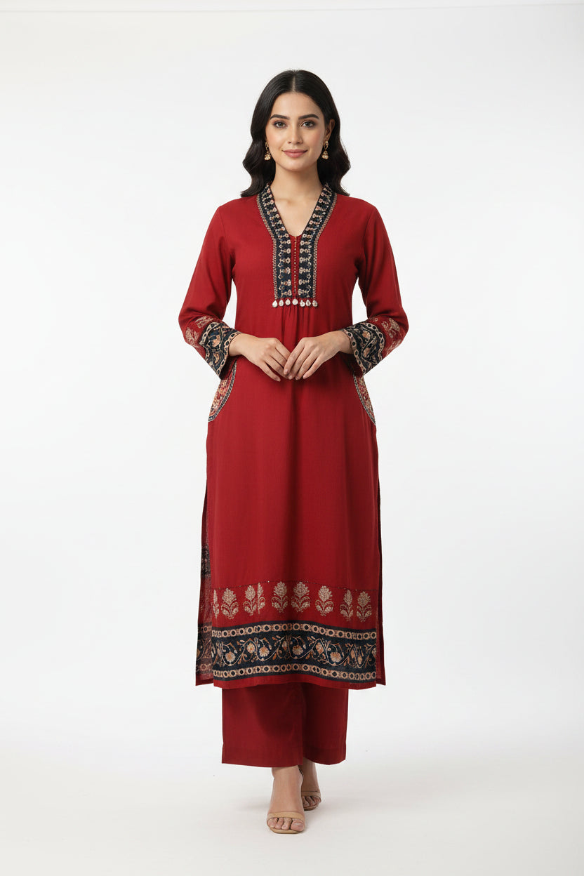 Red Cotton Hand Embroidery Straight Fit Kurtha 837