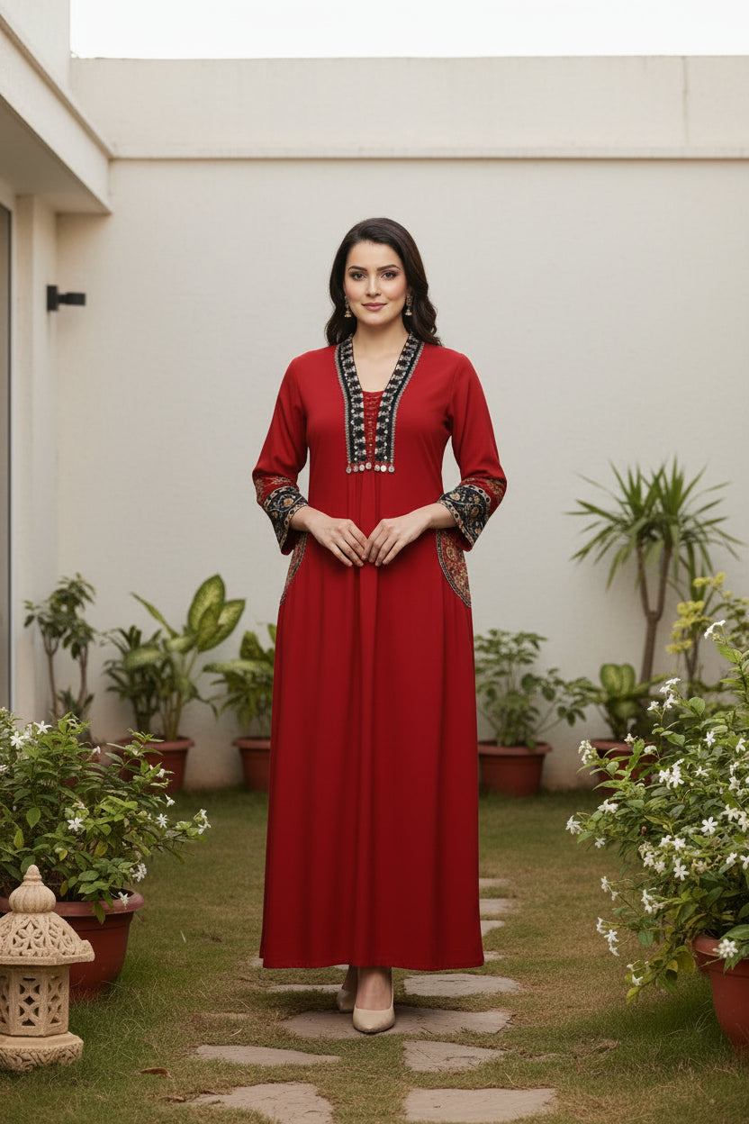 Red Cotton Hand Embroidery Straight Fit Kurtha 837