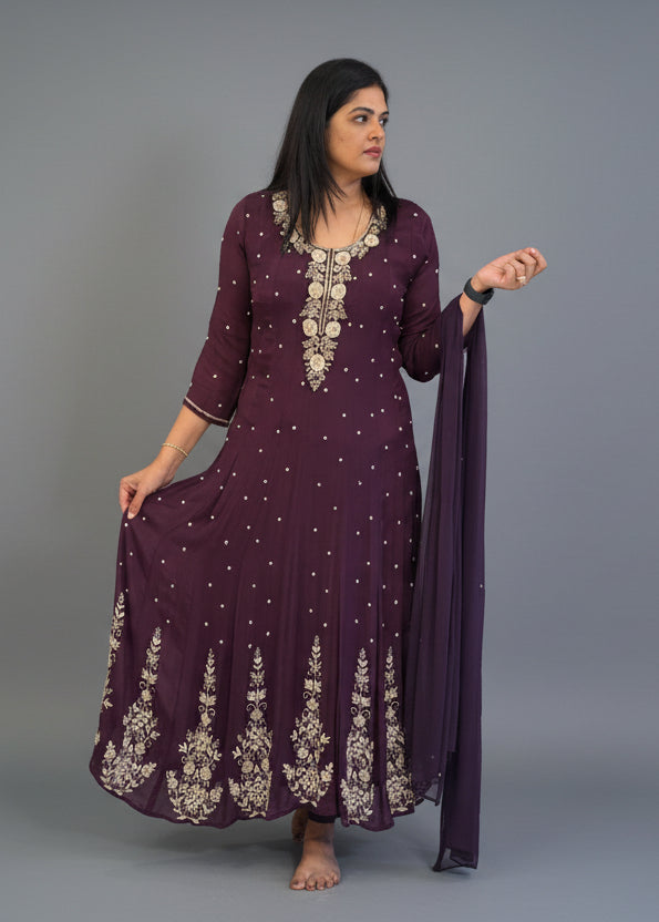 Dark Purple Anarkali Chinnon Hand Embroidery Kurtha 567