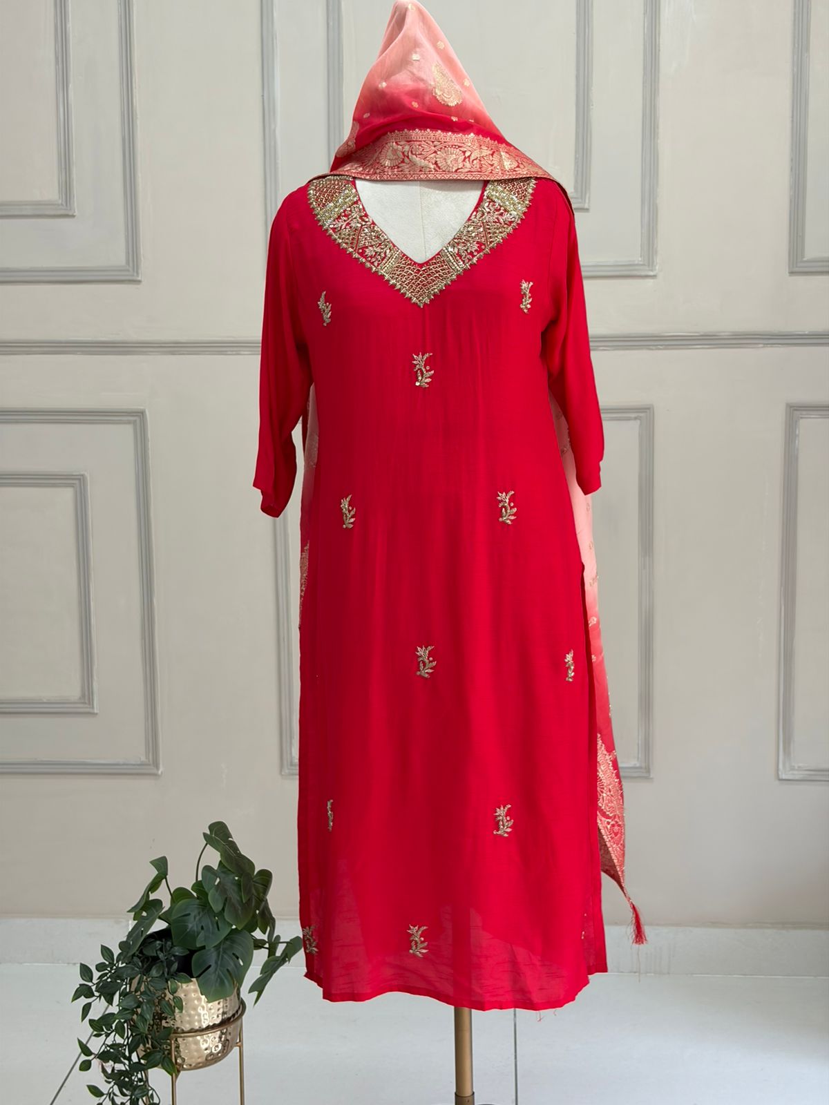 Red Mul Chanderi Hand Embroidery  A Line  Kurtha 686