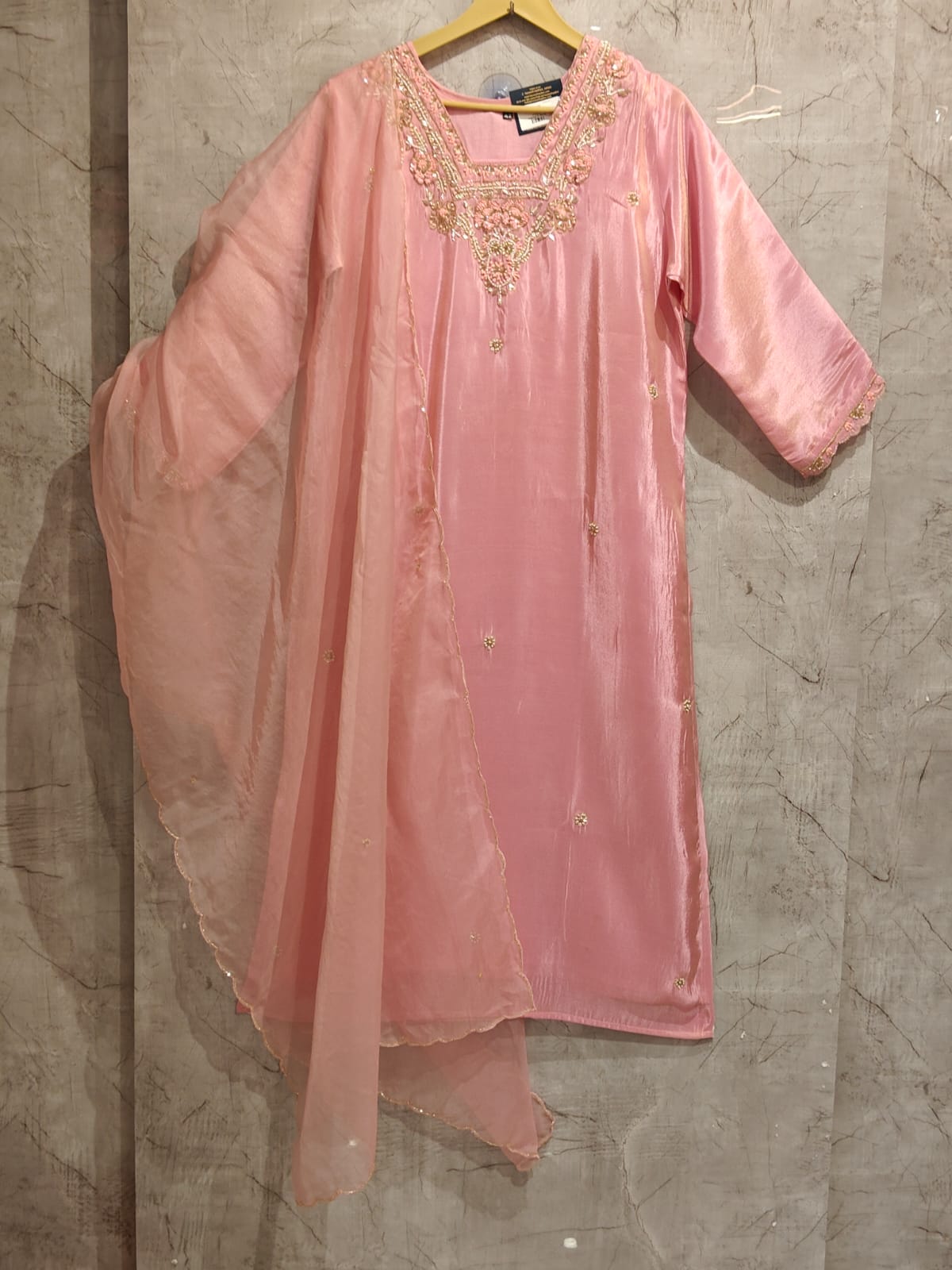 "Chandini" Baby Pink Tissue Shimmer Kurtha with heavy handwork on Sleeves- Plus Size