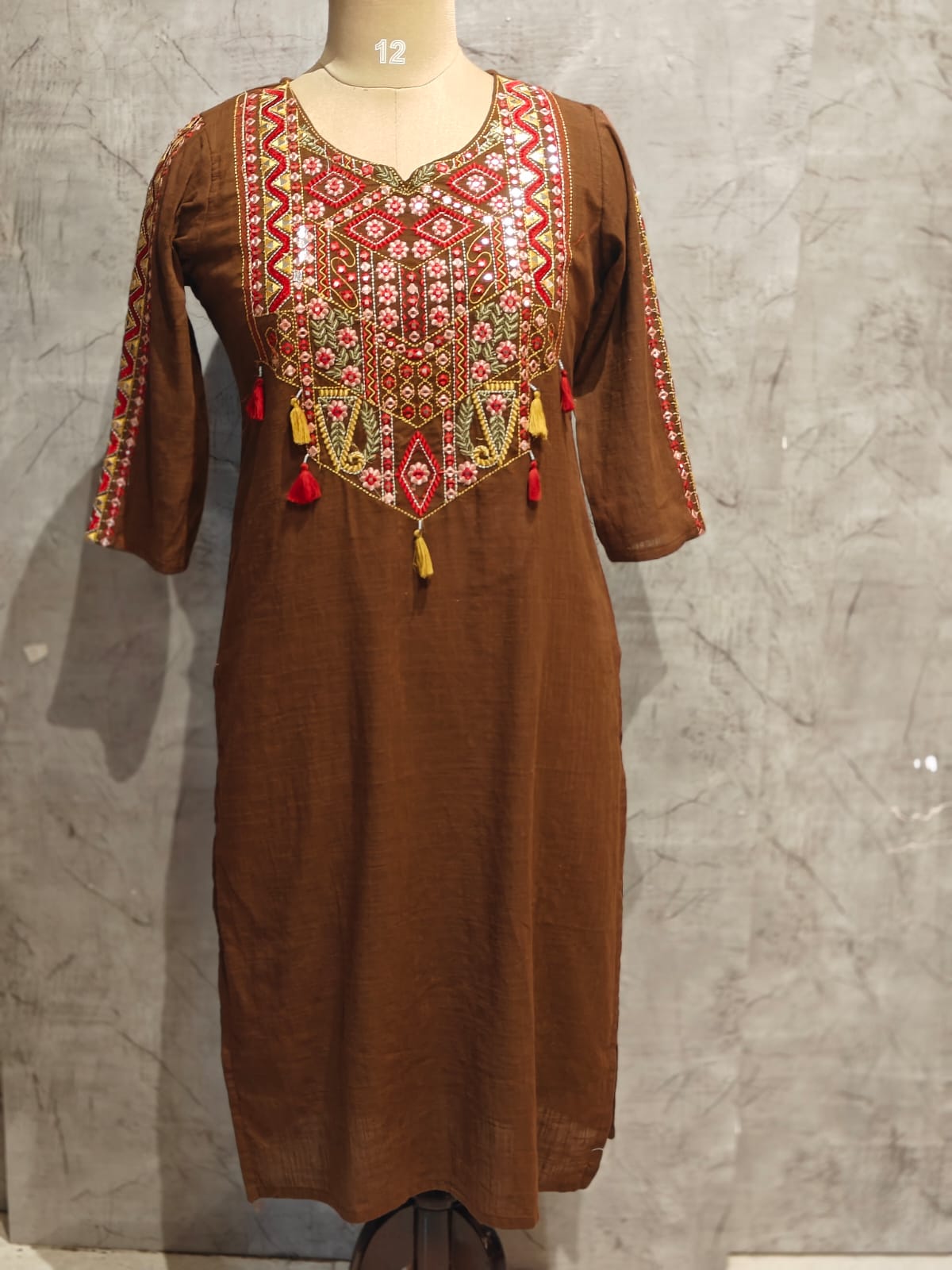 Brown Cotton Thread Embroidery Straight Fit Kurtha