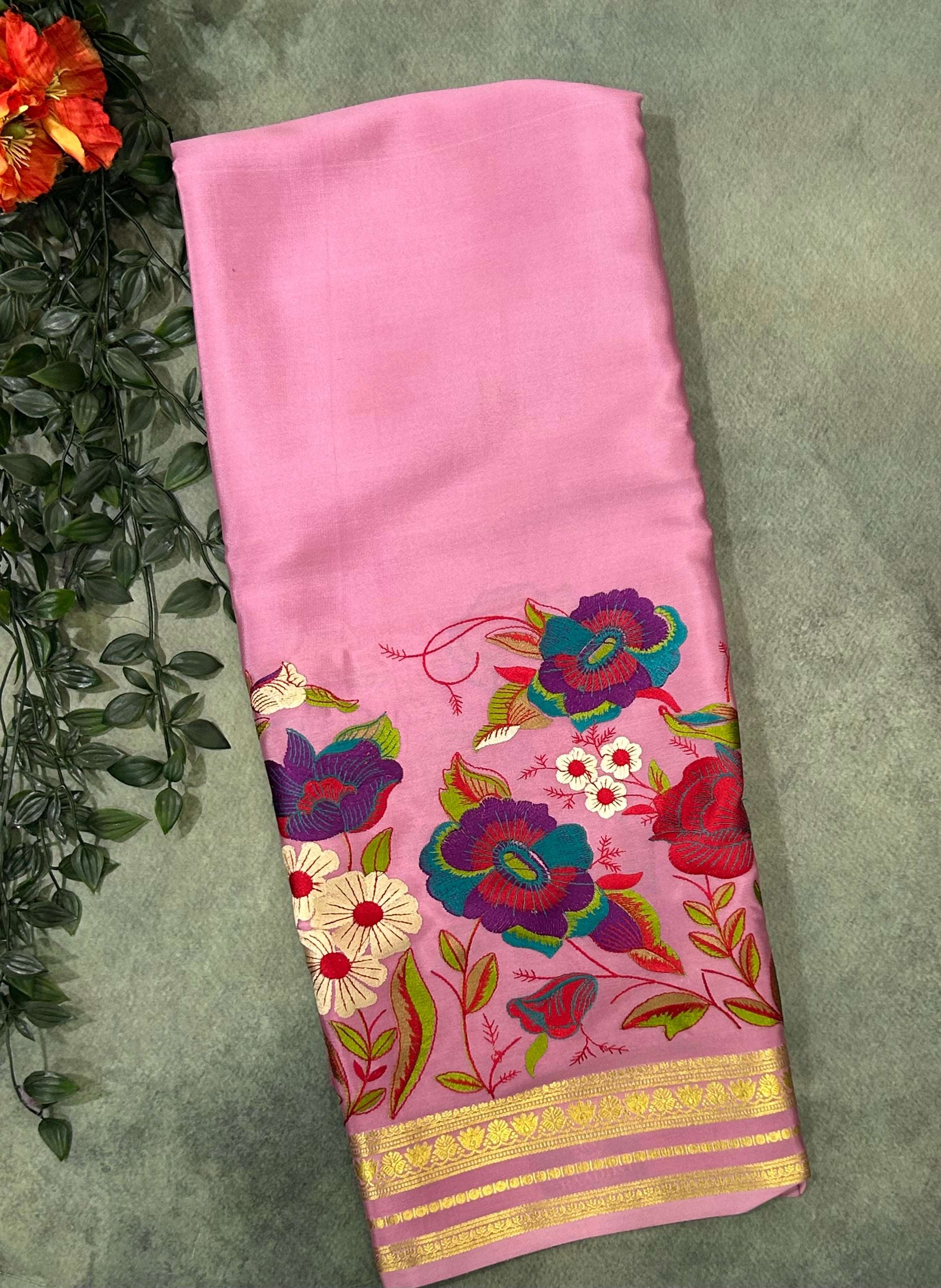 Onion pink embroidery pure Mysore crepe silk saree