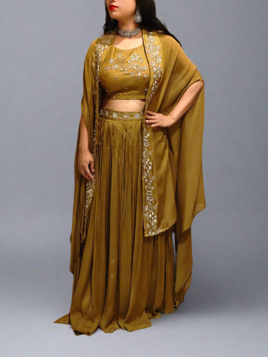 "PARI"  Mehendi Green Designer Kurtha 43 Set with Handwork Top, Skirt and Cape Indo-western