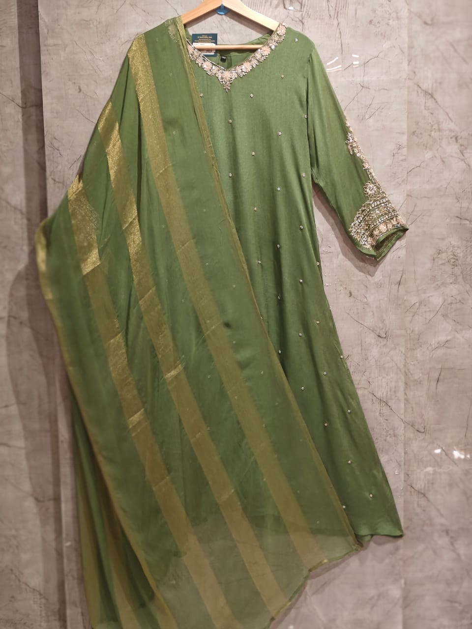Green Anarkali Chinnon Hand Embroidery Kurtha 16