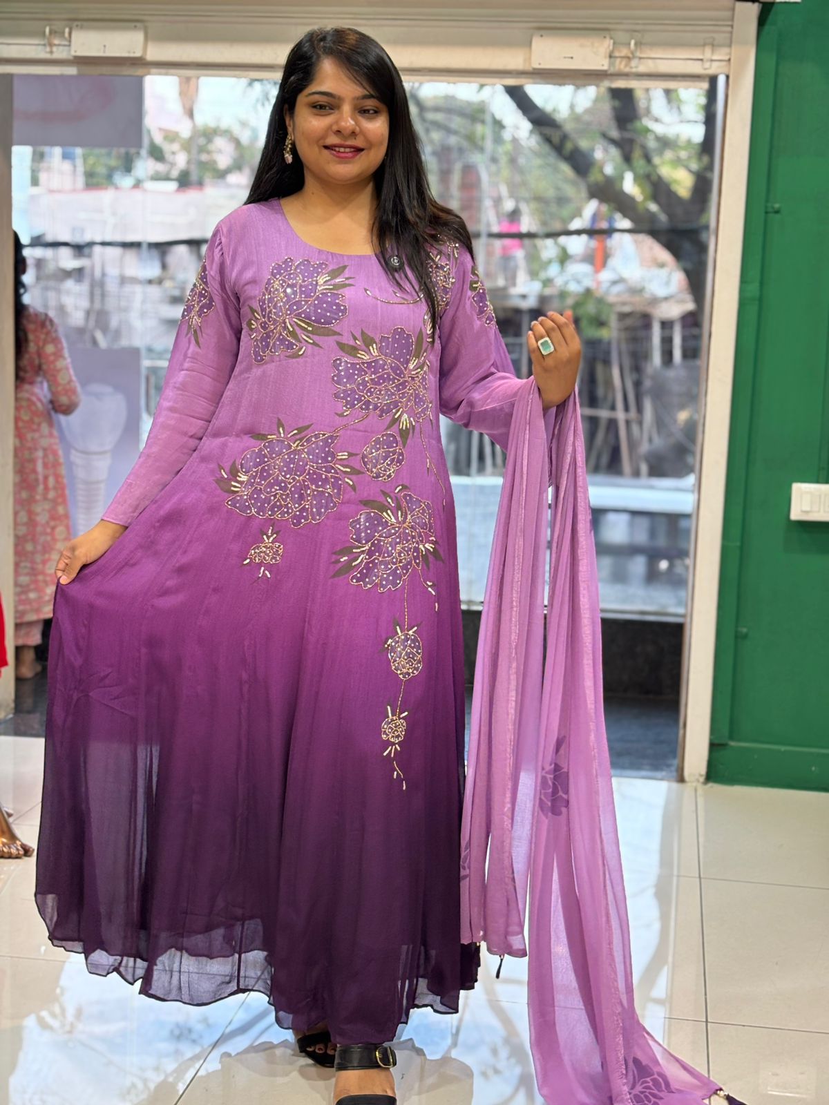 Purple Airline  Chinnon Hand Embroidery Kurtha 765