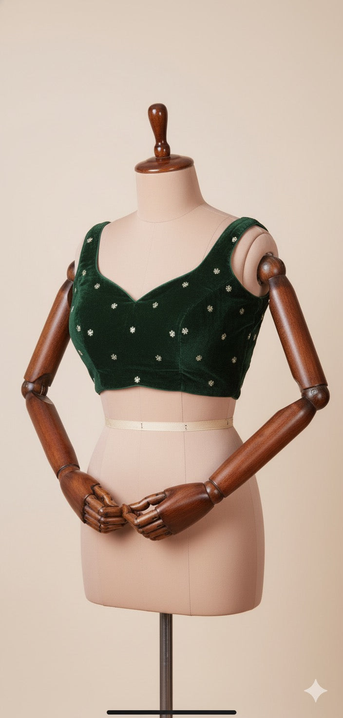 Mehandi green velvet sleeveless blouse
