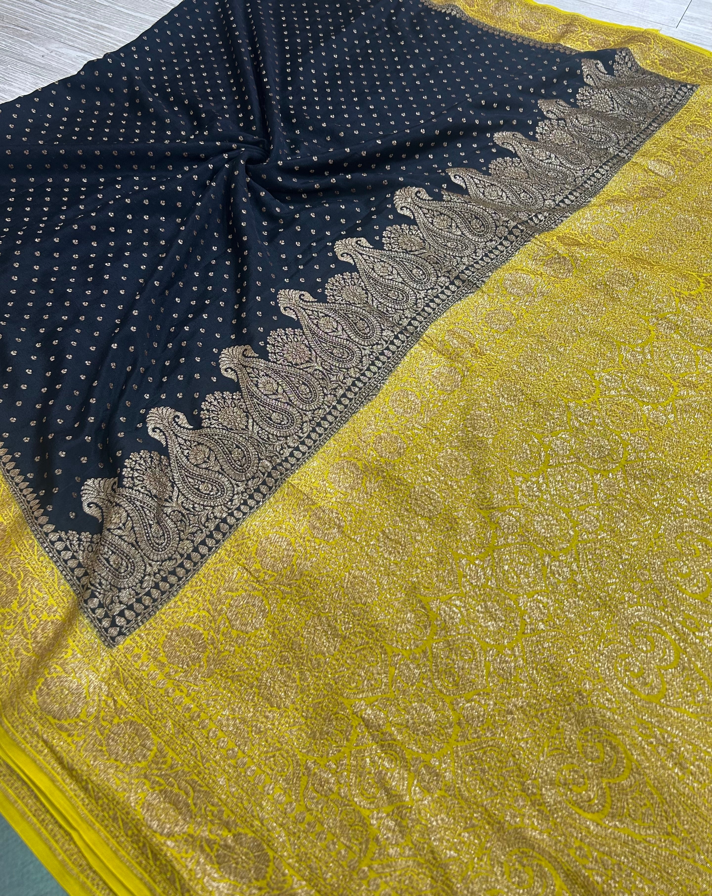 Black n yellow small Butta pure Benarasi crepe 104 saree