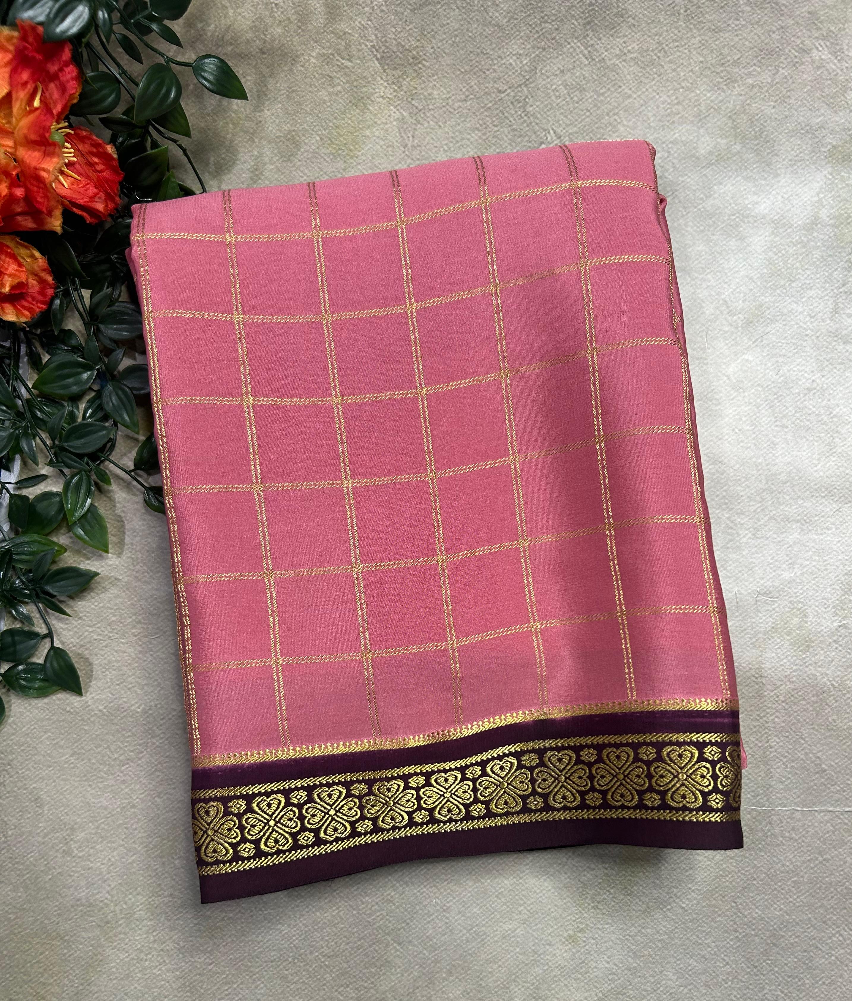 Pastel pink checks pure css zari Mysore silk 105 saree