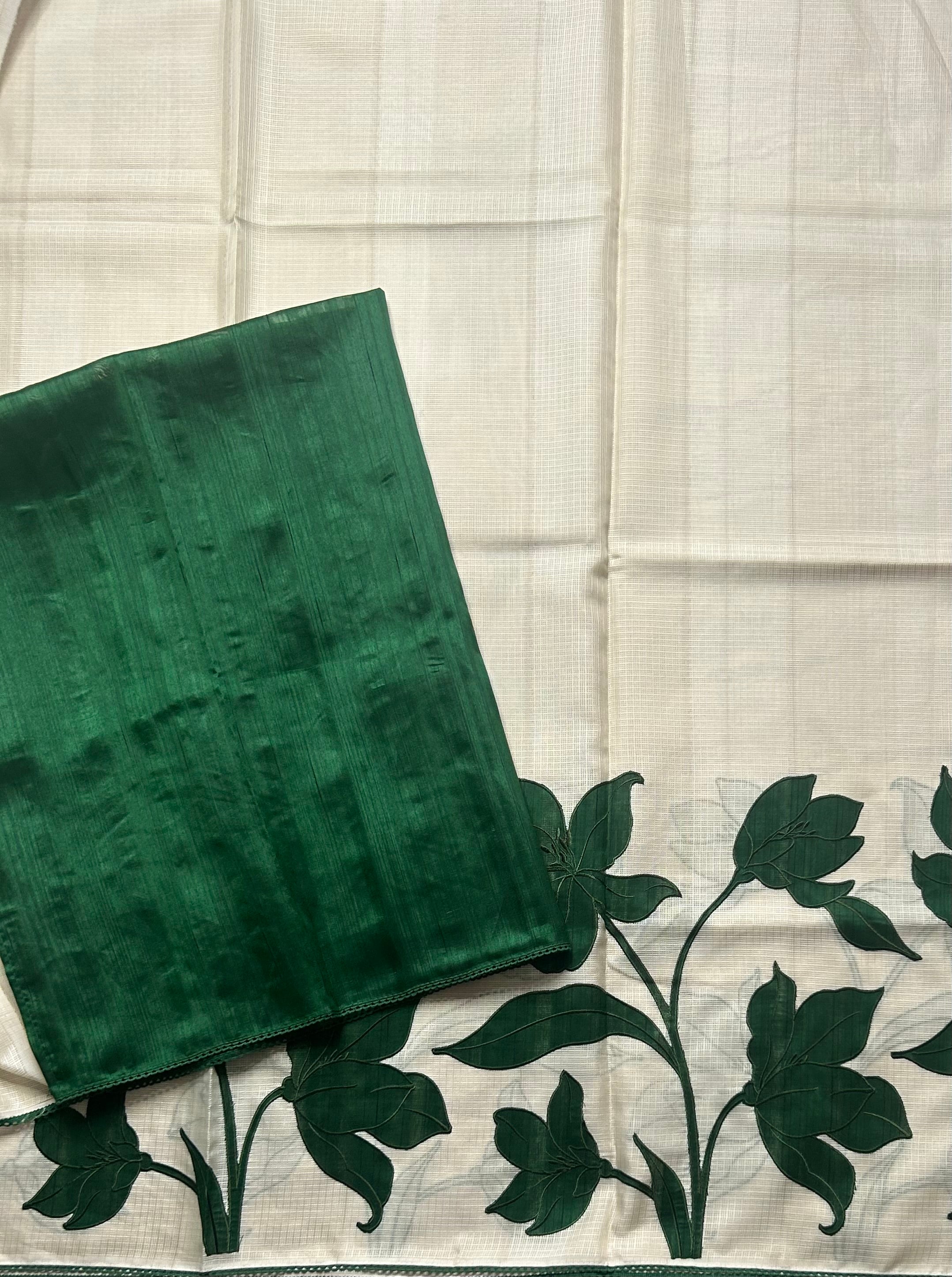 Cream n bottle green kota checks Appliqué work saree