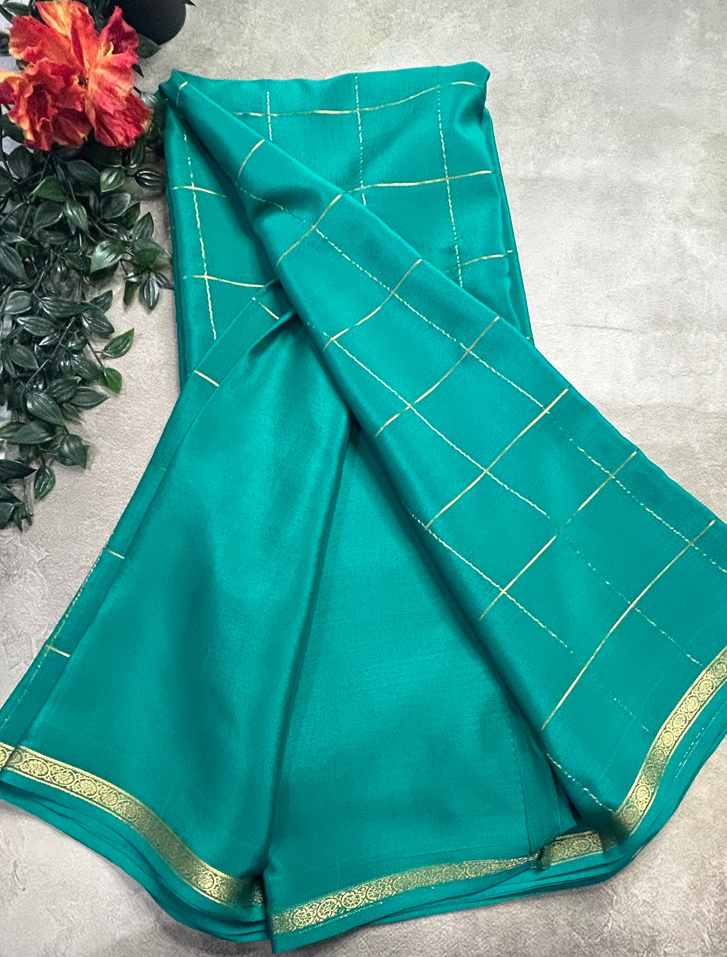 Rama green big checks pure Mysore silk 106 saree