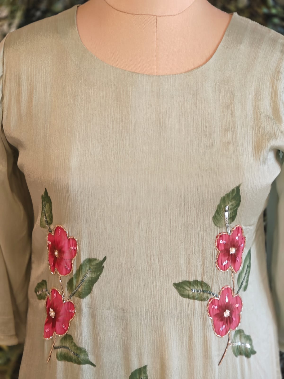 Pista Green Hand Embroidery Crepe Airline Kurtha 765