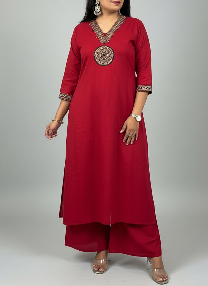 Red Cotton Hand Embroidery Cord Set Kurtha 661