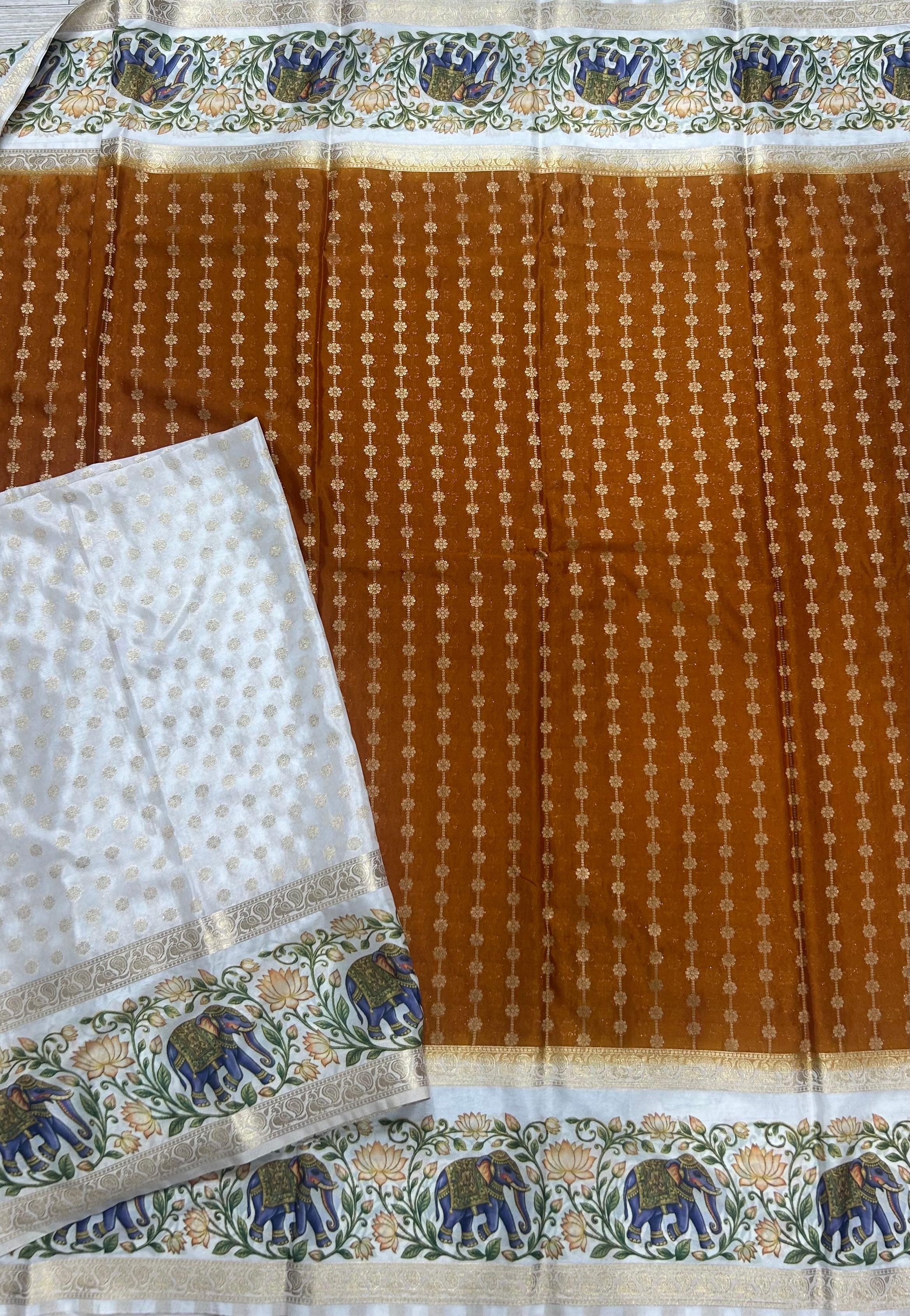 Mustard yellow bentex border printed semi Mysore 105 saree