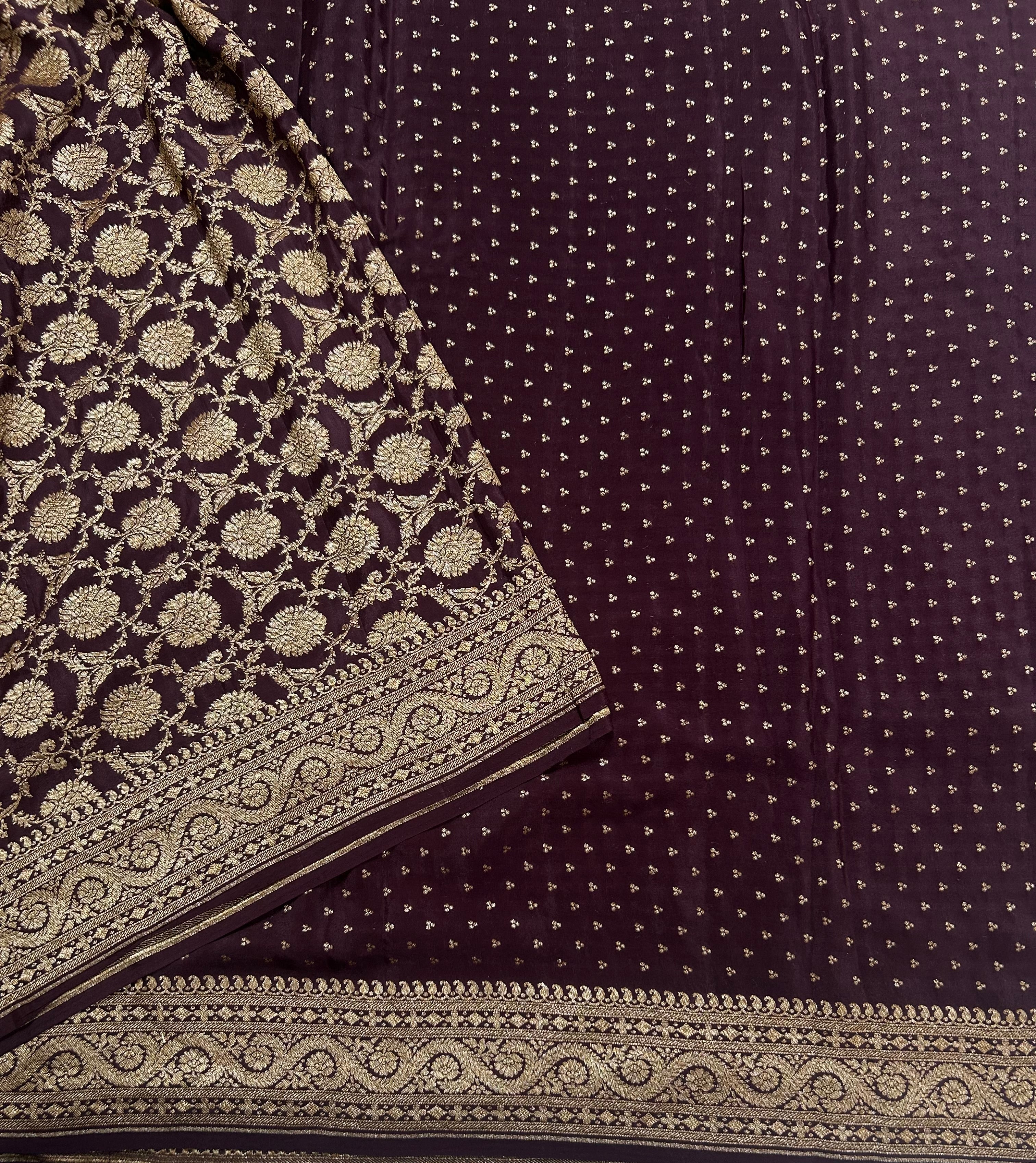 Dark brown small Butta pure Benarasi crepe 106 saree