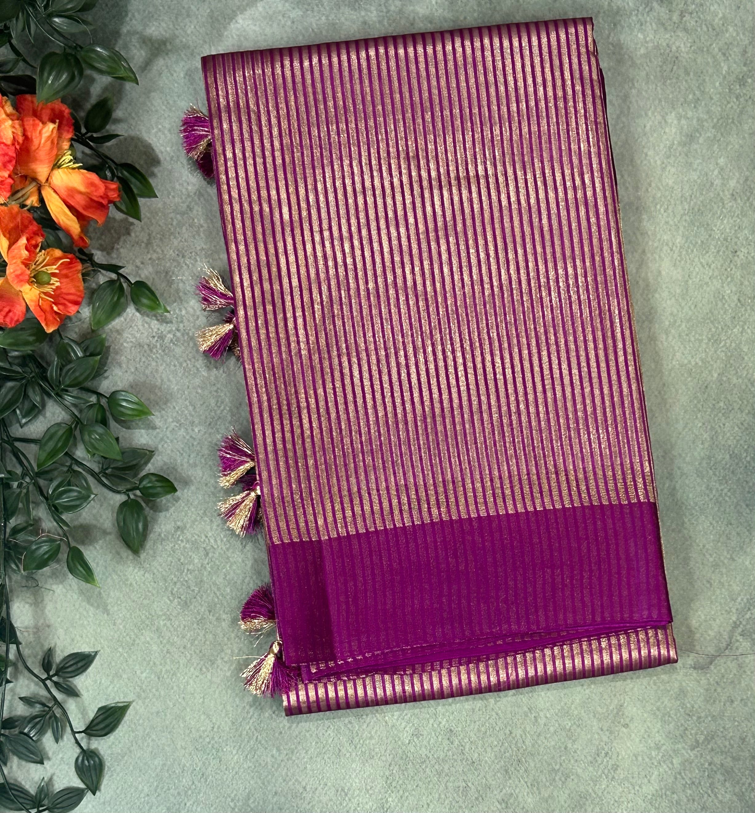 Magenta stripes Lightweight Pure Tissue Satin Border-12 Saree