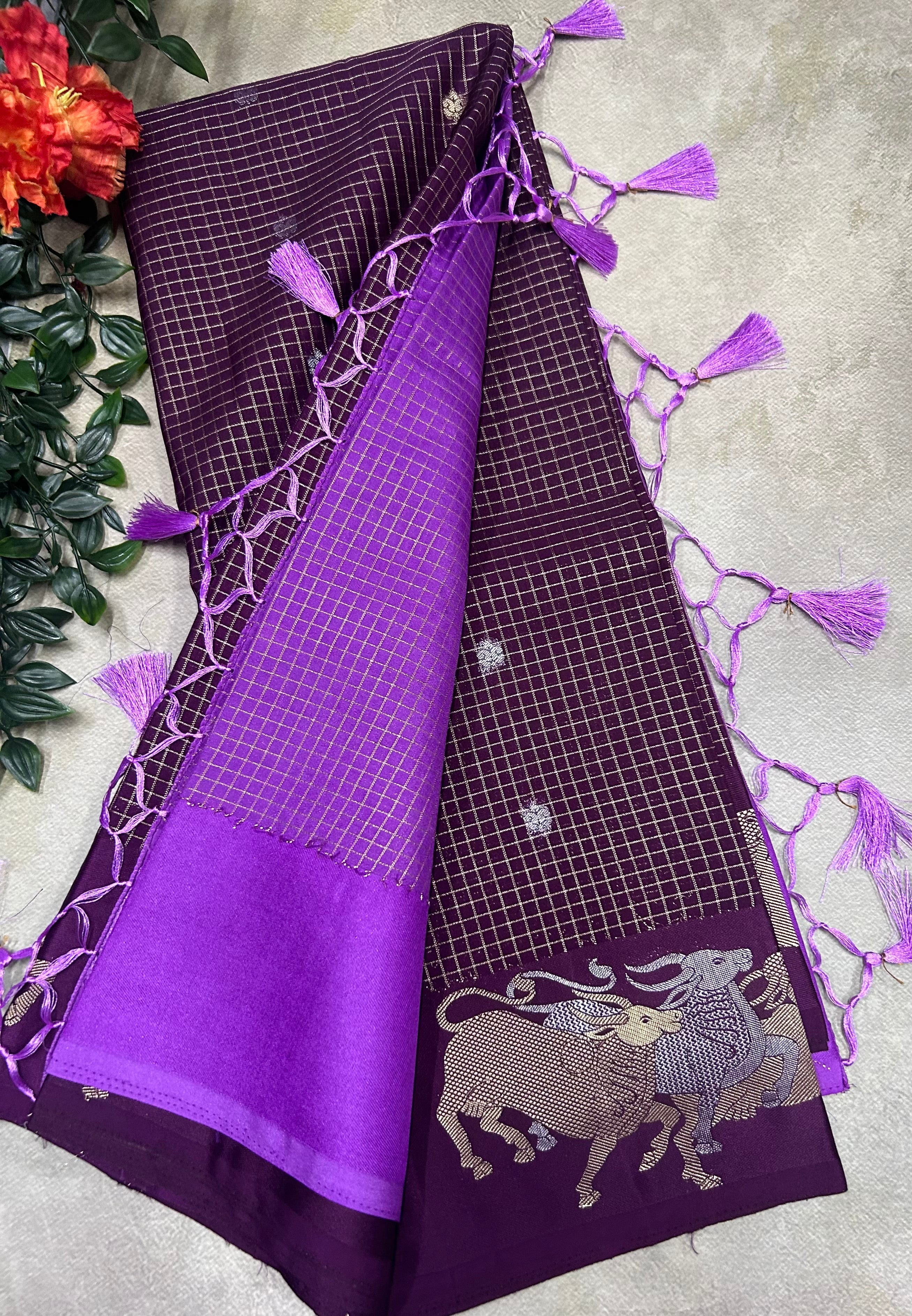 Wine small checks semi Mysore crepe saree(SMC106)