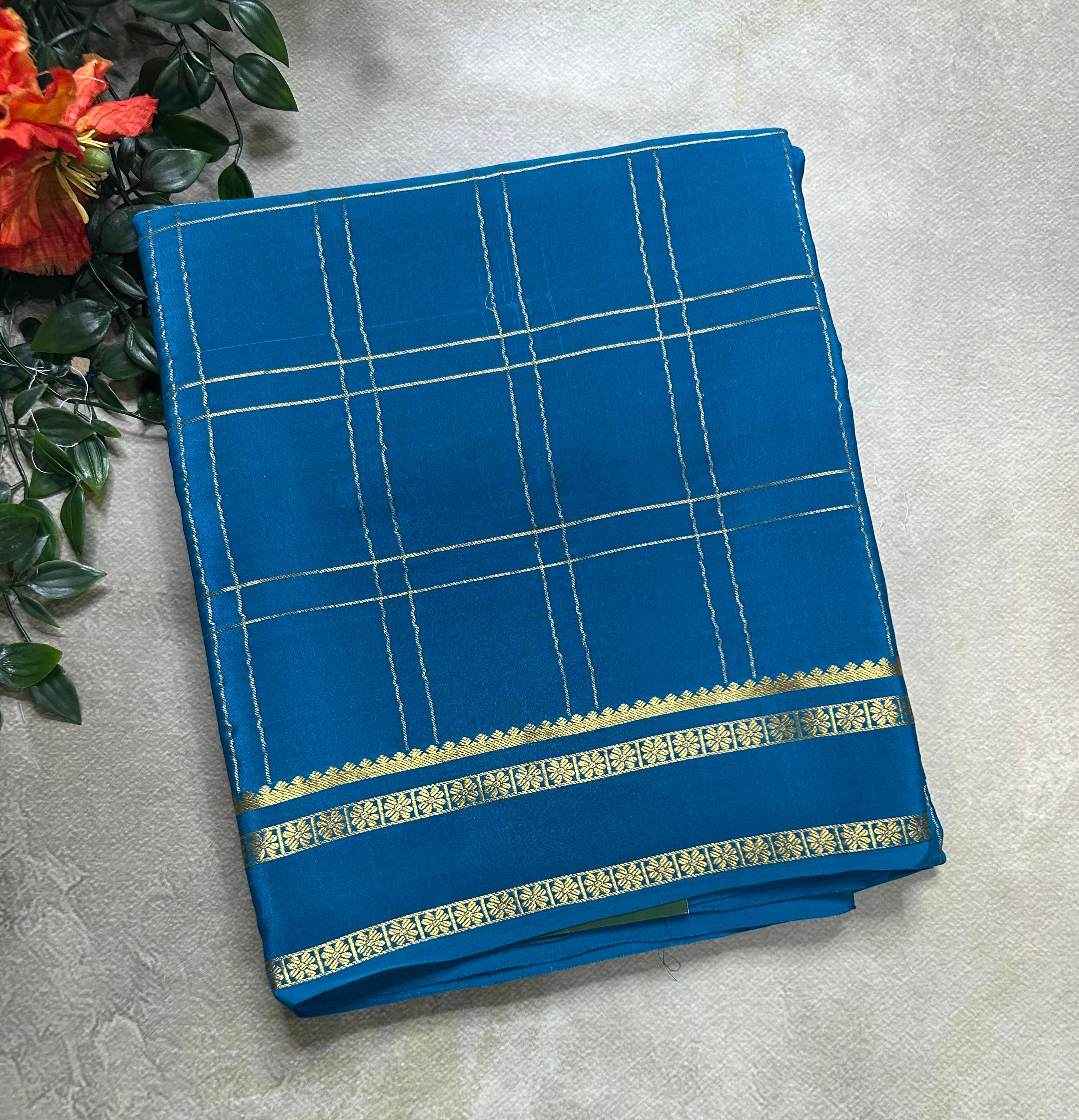 Rama green big checks n Bentex border pure Mysore silk 106 saree