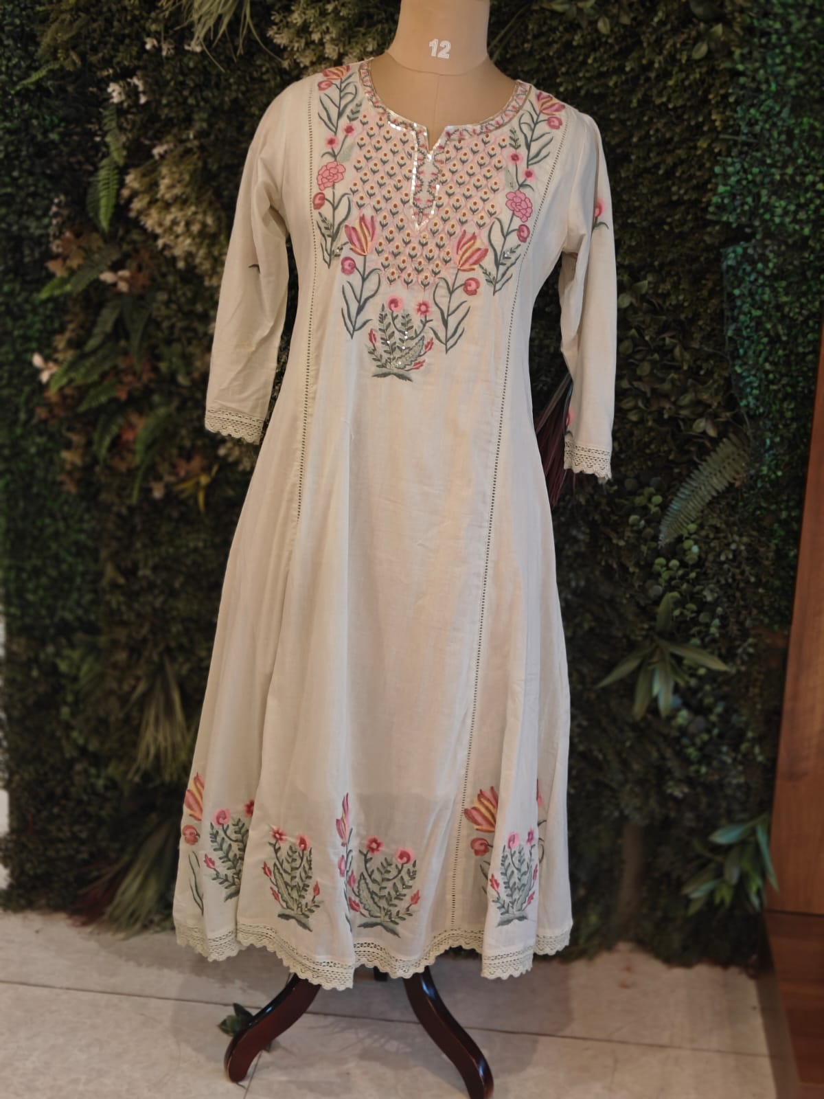 White Mul Cotton Hand Embroidery Anarkali Kurtha 203