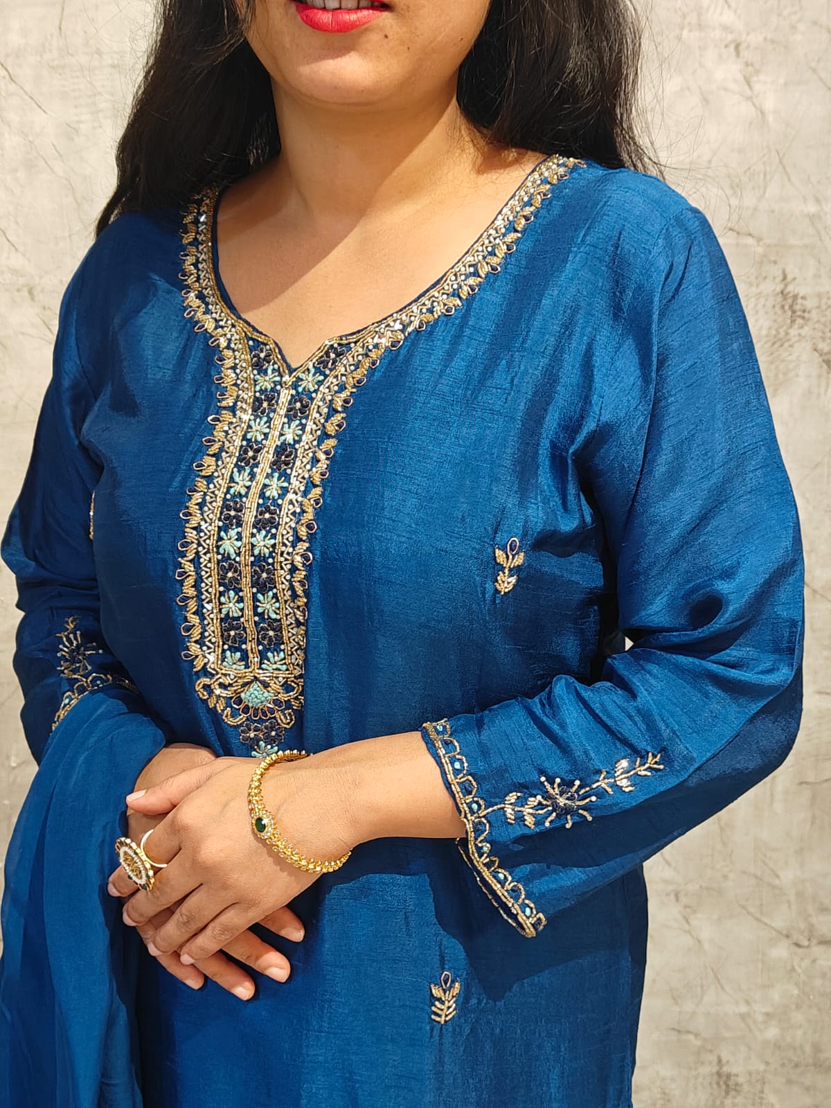 Royal Blue Dola Silk Hand Embroidery Straight Fit  kurtha 543