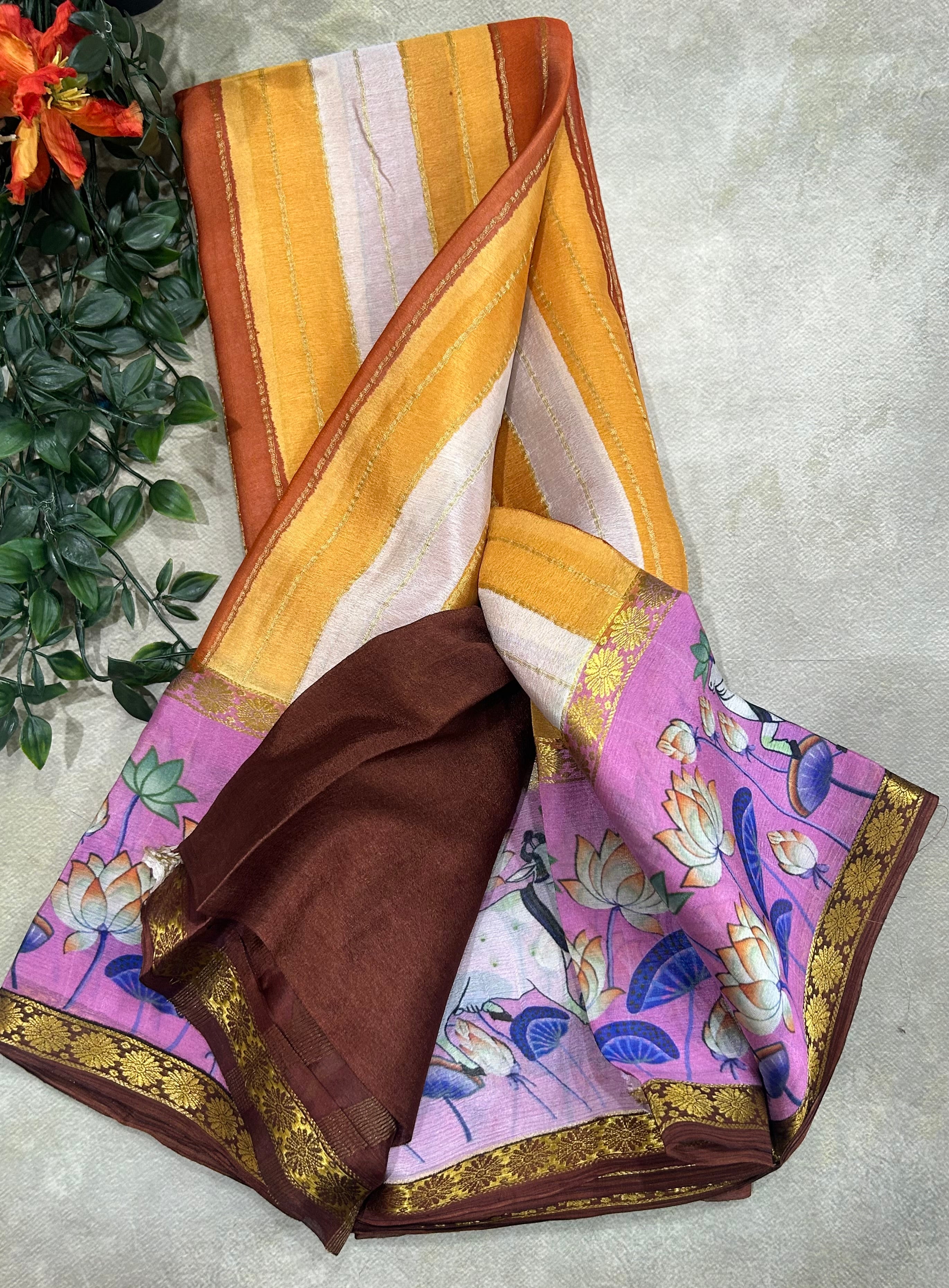 Rankart kalamkari border pure wrinkle 103 crepe silk saree