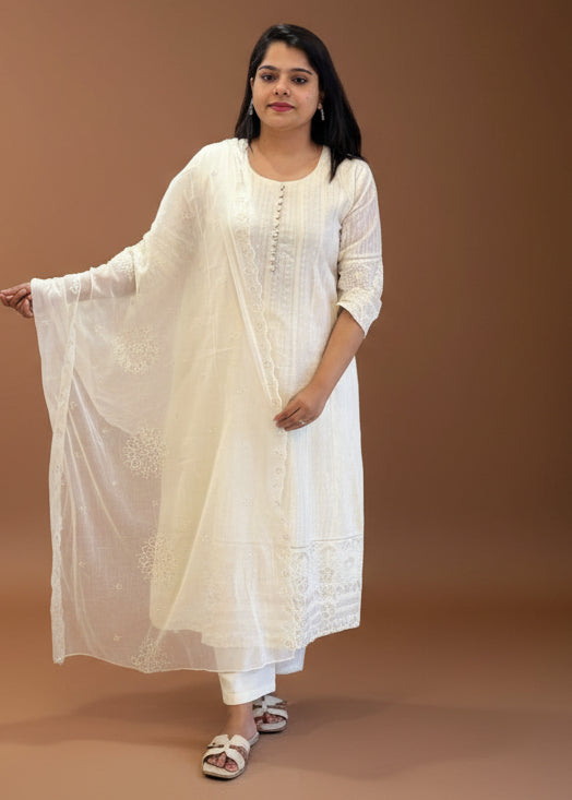 "WHITE" cotton thread embroidery Anarkali Kurtha 929