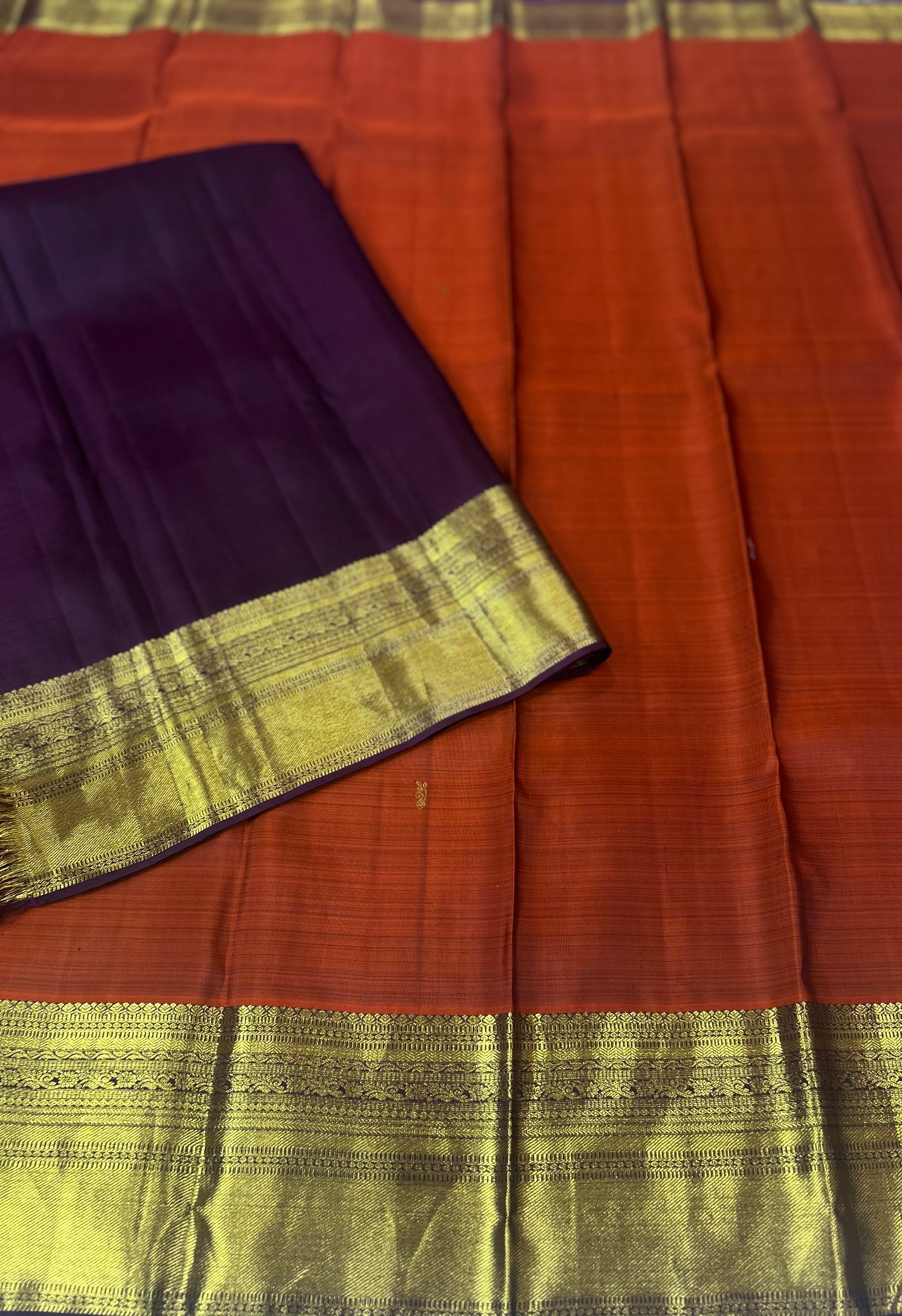 Rust orange n brown pure Kanchipuram silk saree