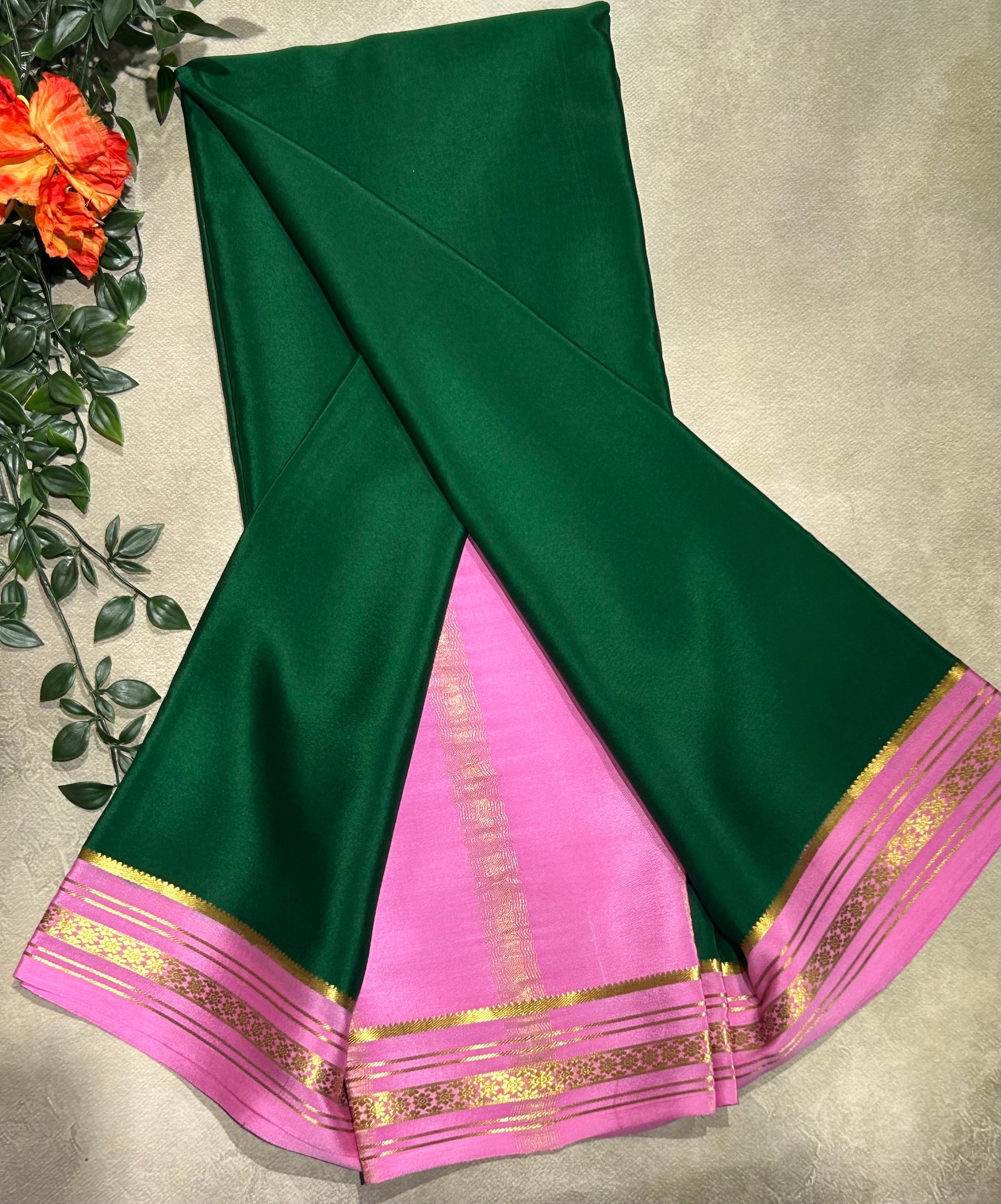 Bottle green stripes border pure Mysore silk-103 saree