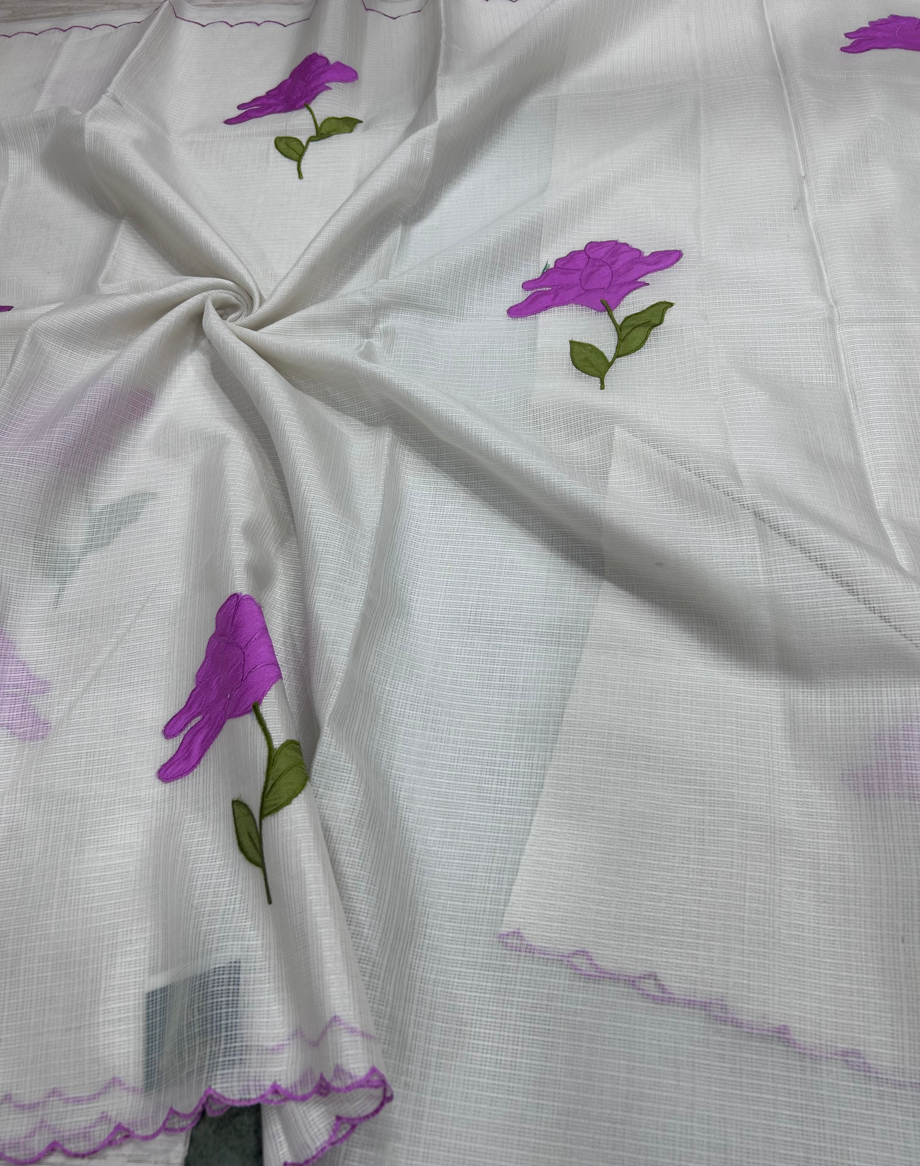 Cream scallop border pink embroidery work Kota check 106 Saree