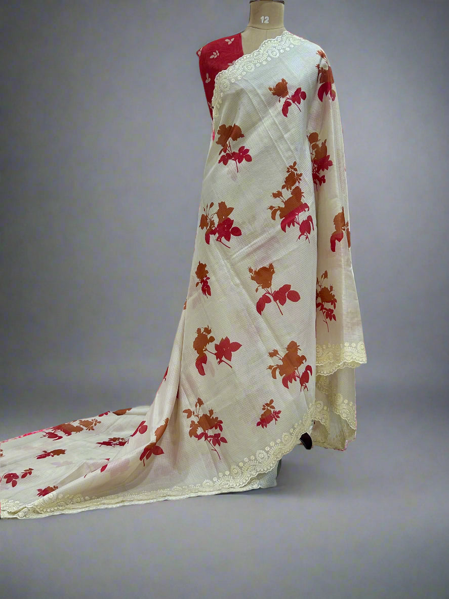 Cream floral digital print Kota checks 08 saree