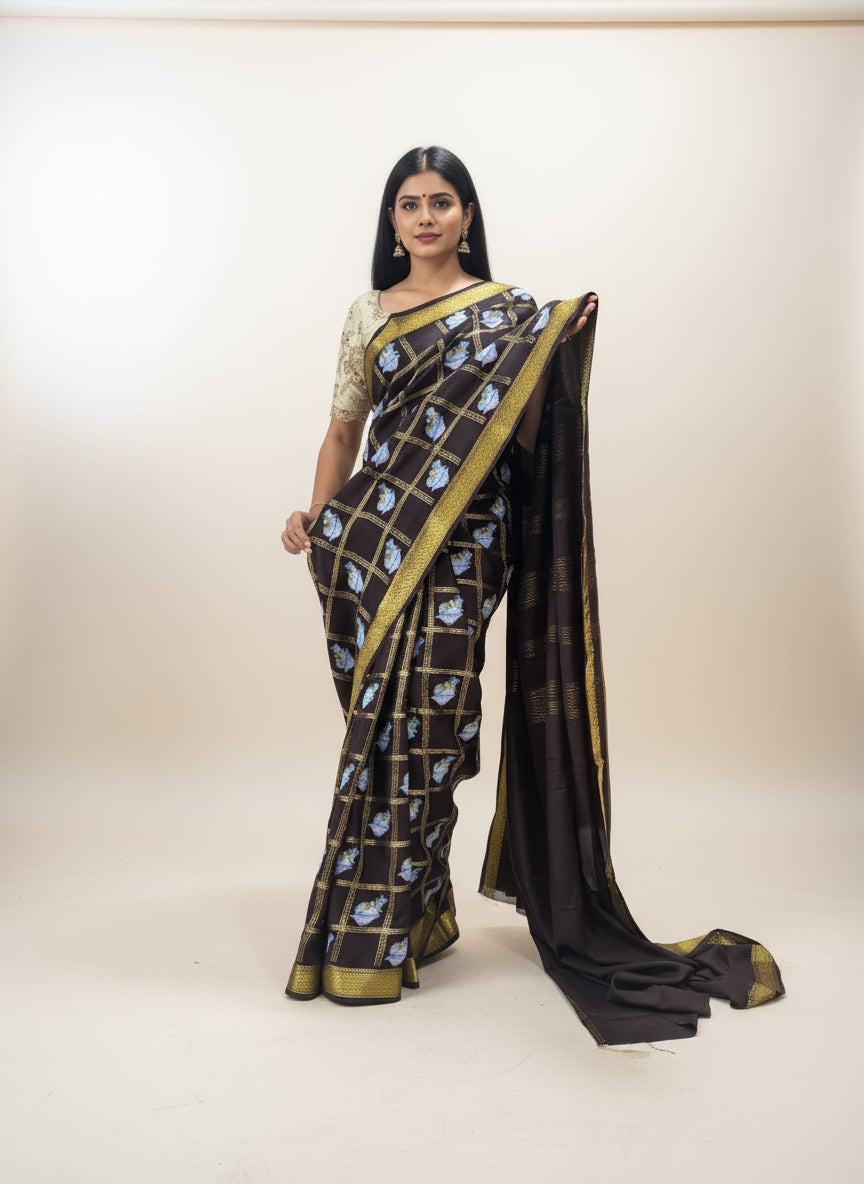 Dark brown checks pichwai-08 design pure mysore crepe silk saree