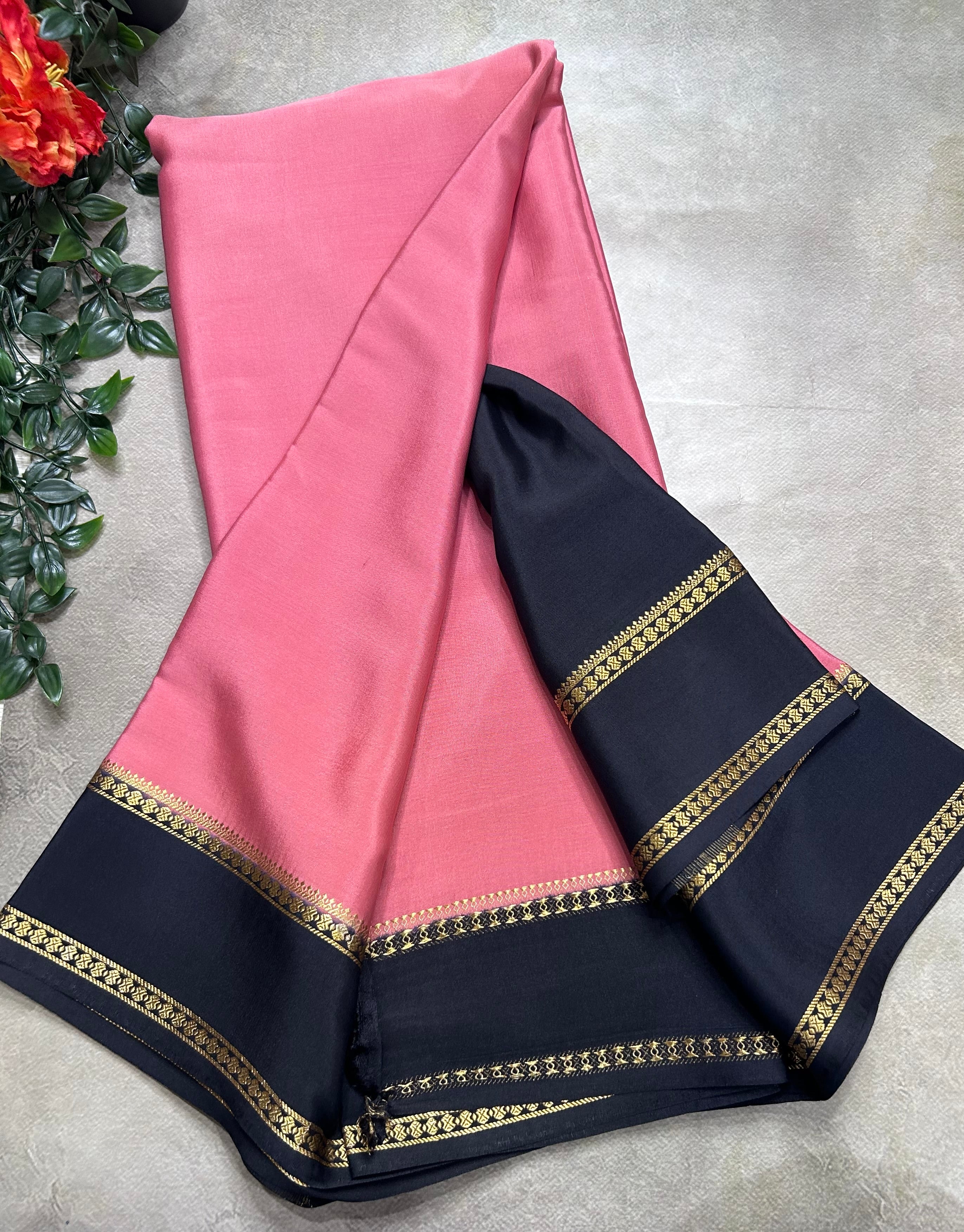 Peach n black plain bentex border pure mysore silk saree(BMS105)