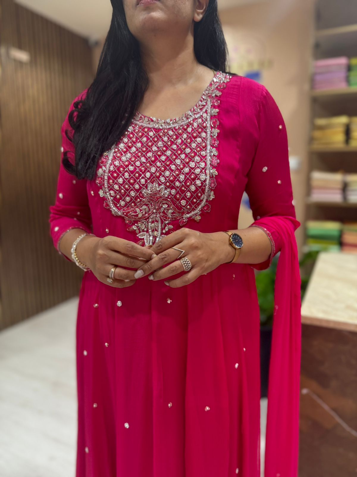 Pink Anarkali Chinnon Hand Embroidery Kurtha 567