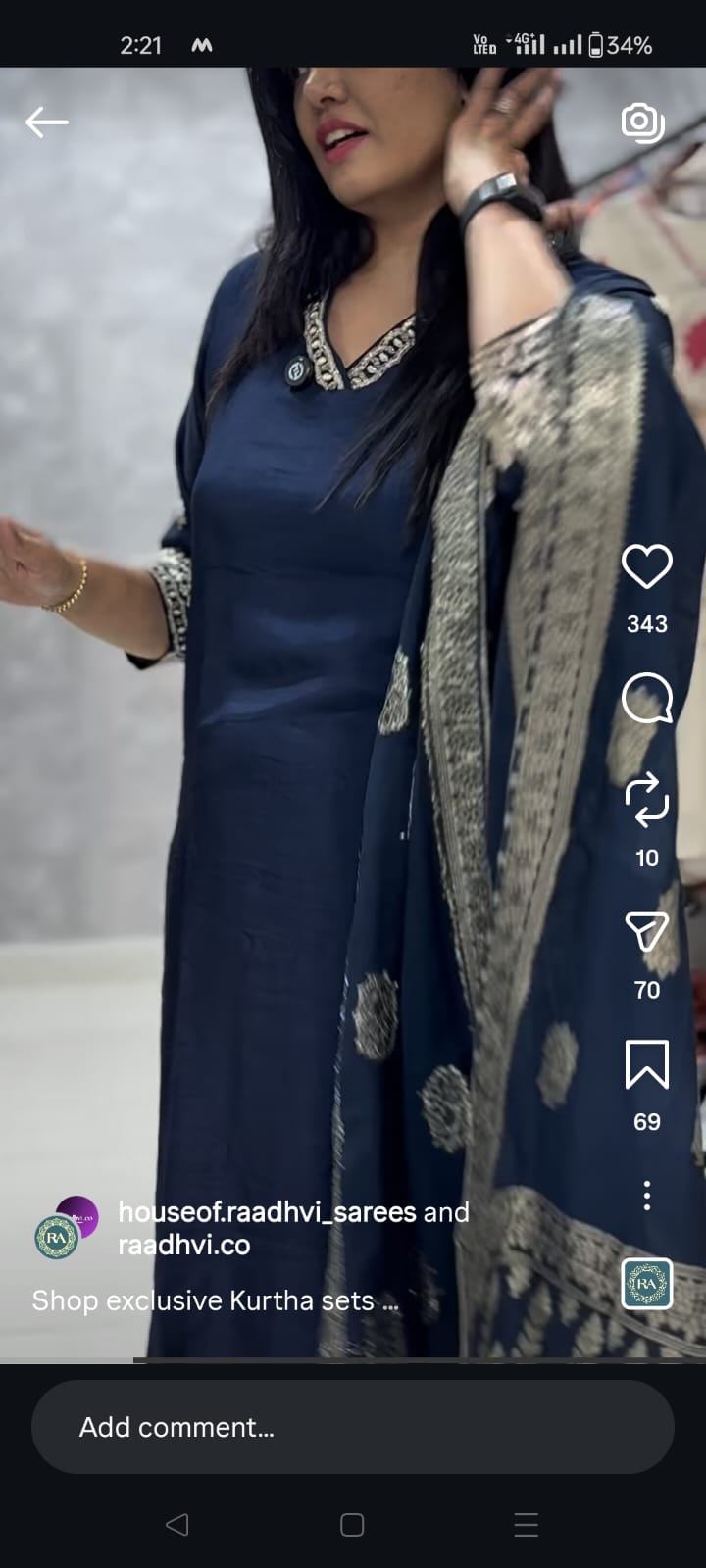 Dark Blue Dola Silk Hand Embroidery Straight Fit Kurtha 543