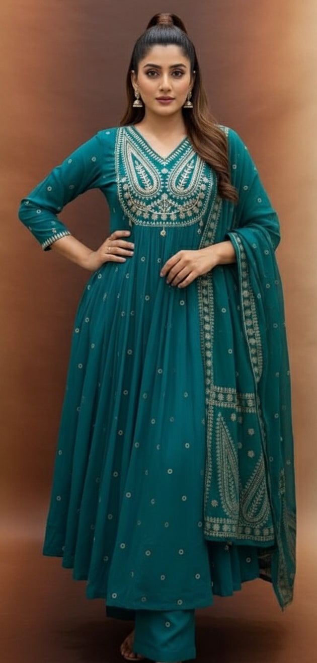 Blue Cotton Hand Embroidery Airline Kurtha 677