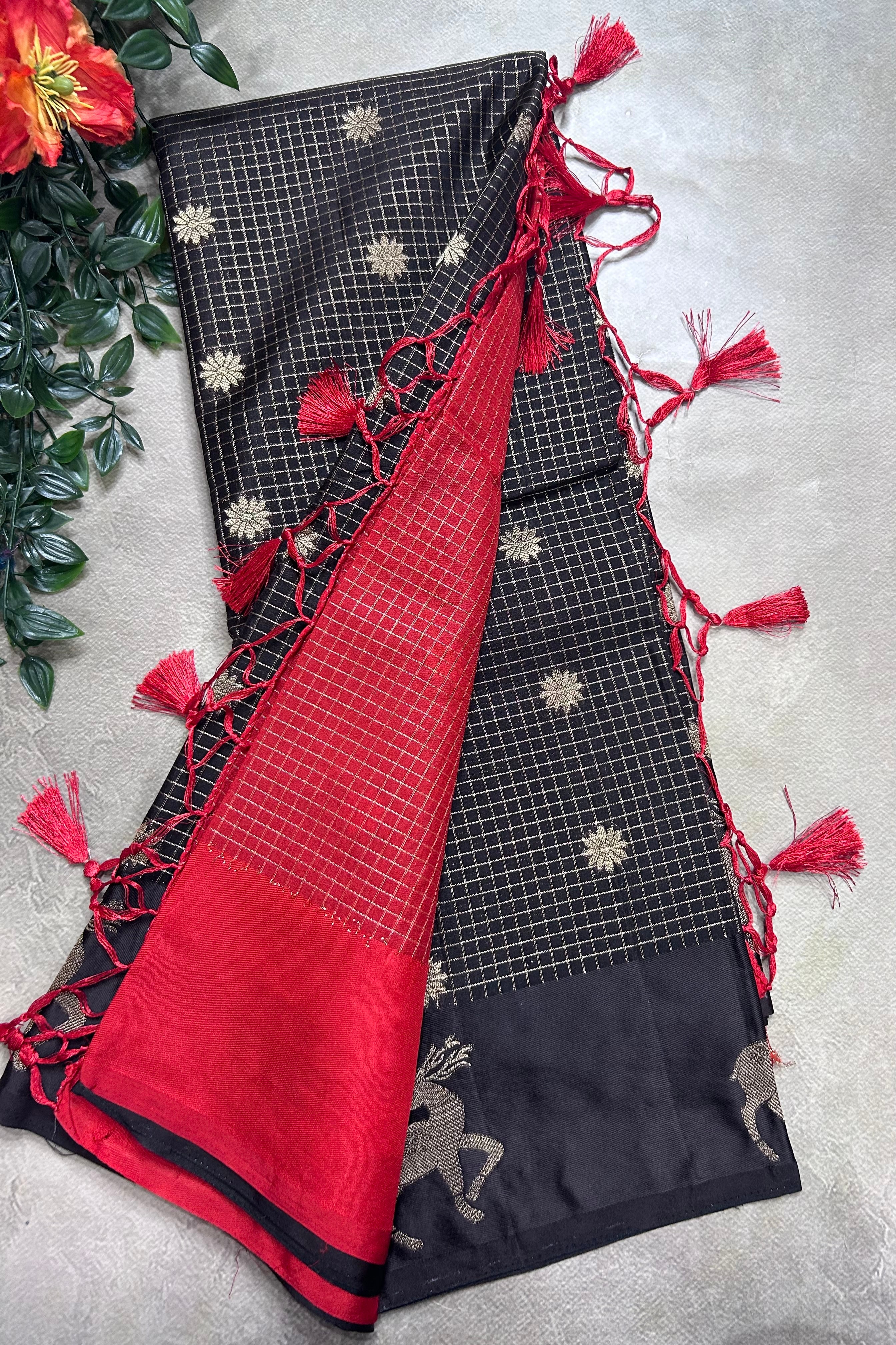 Black small checks semi Mysore crepe 106 saree