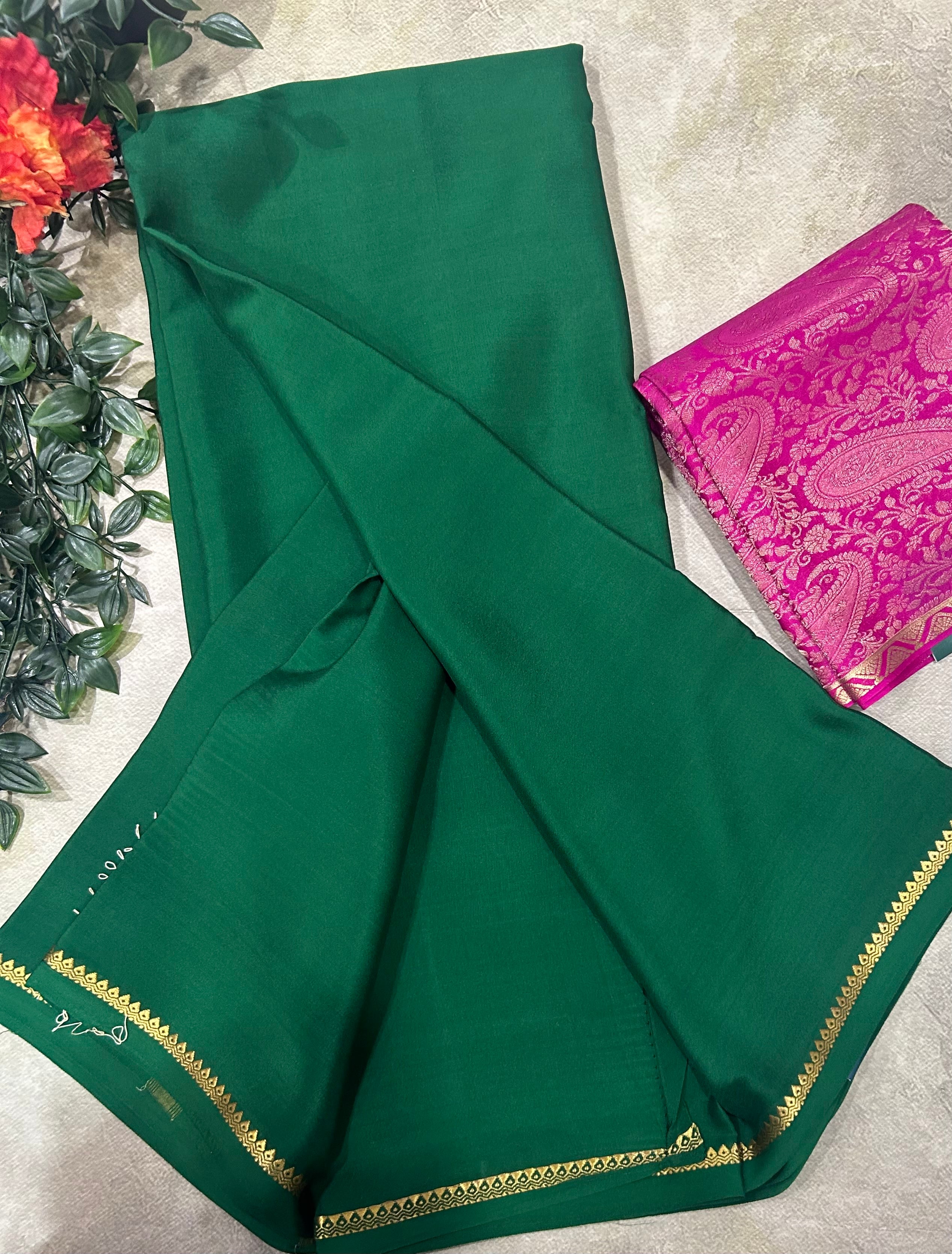 Bottle green plain pure mysore crepe silk saree with Mysore brocade blouse piece(MSM106)