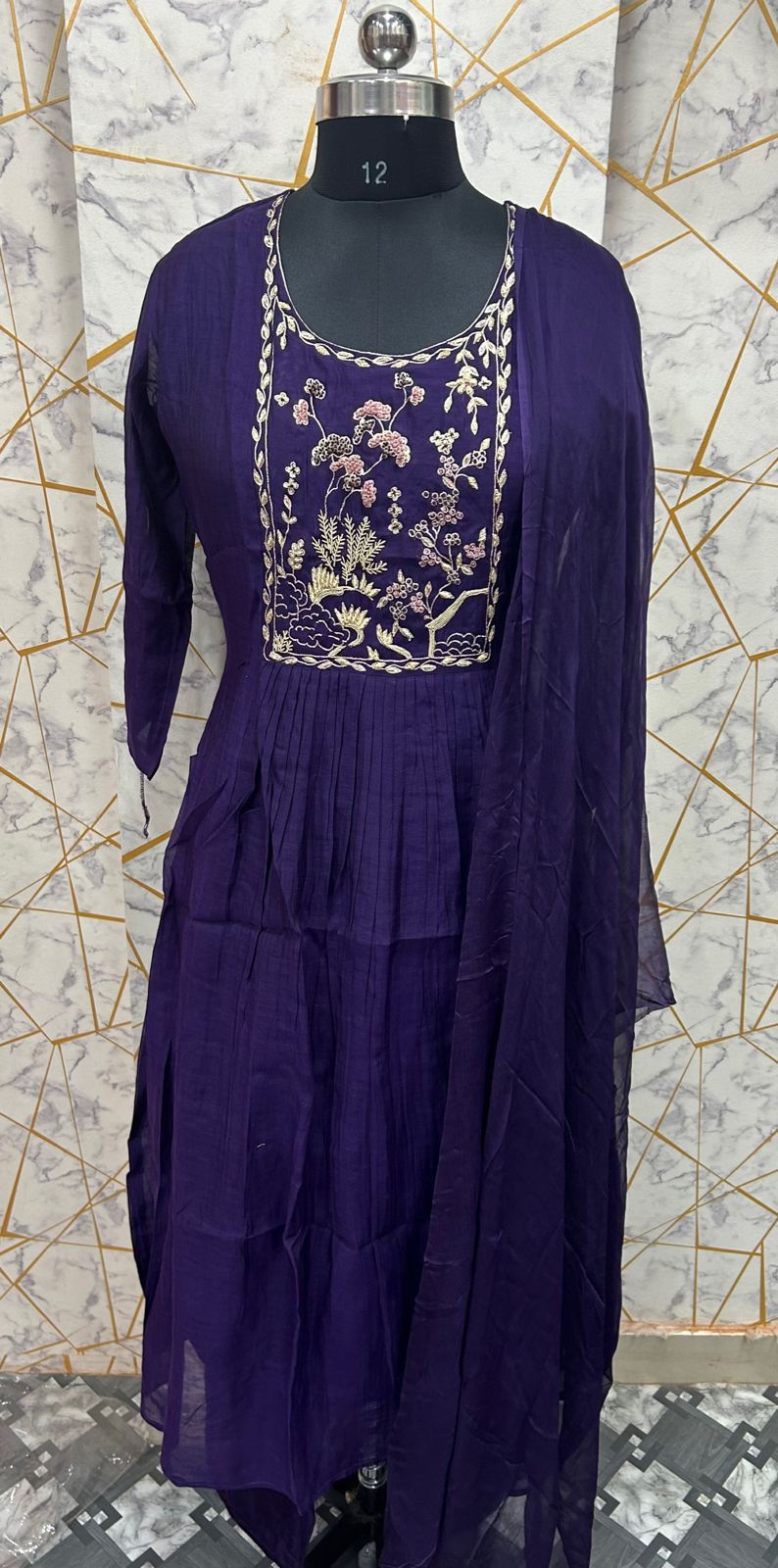 “Pani" Purple  Mul Chanderi silk Kurtha suit with work hand embroidery