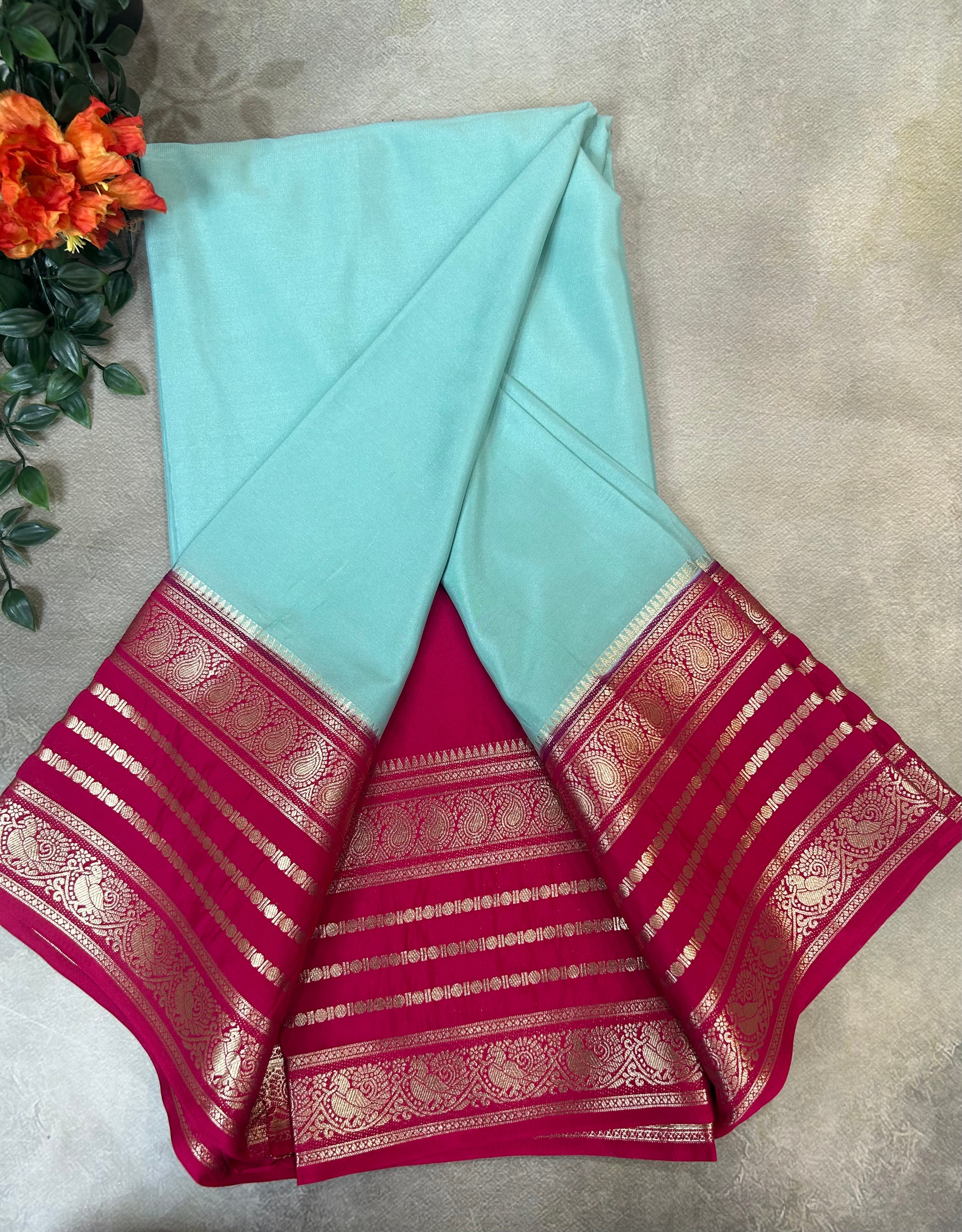Pastel blue stripes border semi Mysore 104 saree