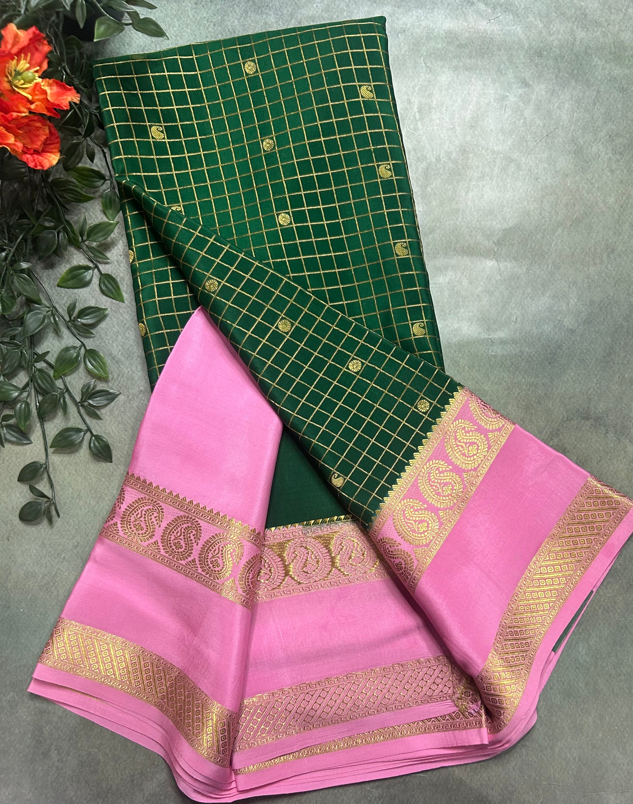 Bottle green small checks pure Mysore silk 105 saree