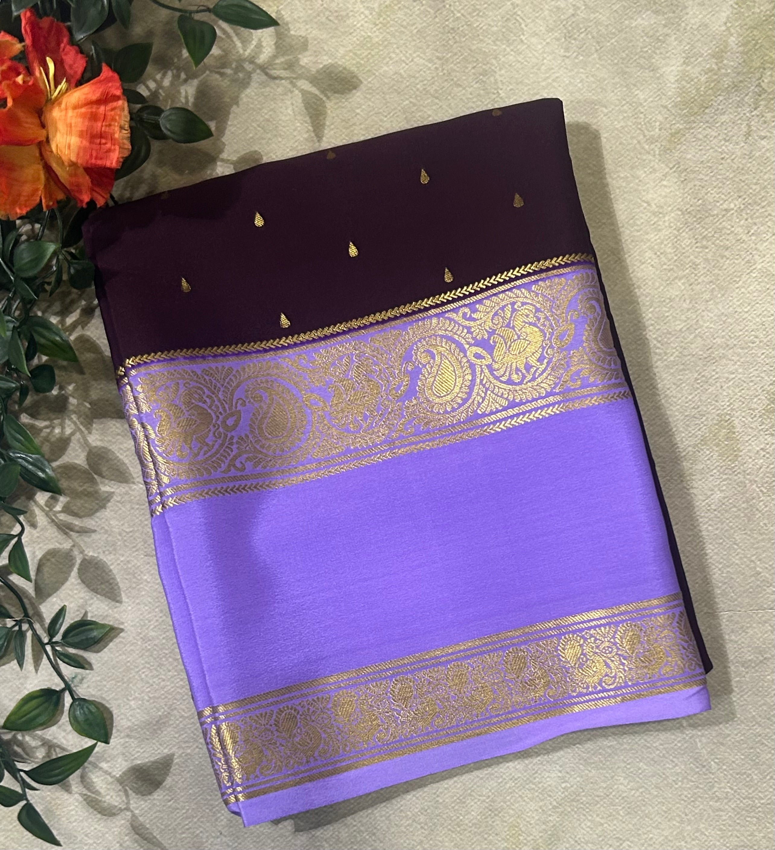 Dark brown bentex border pure Mysore silk 105 saree