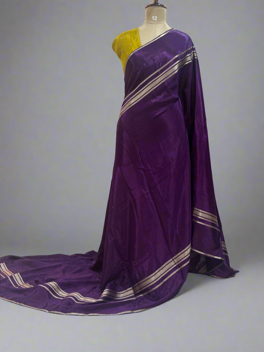 Purple plain four border semi mysore crepe saree