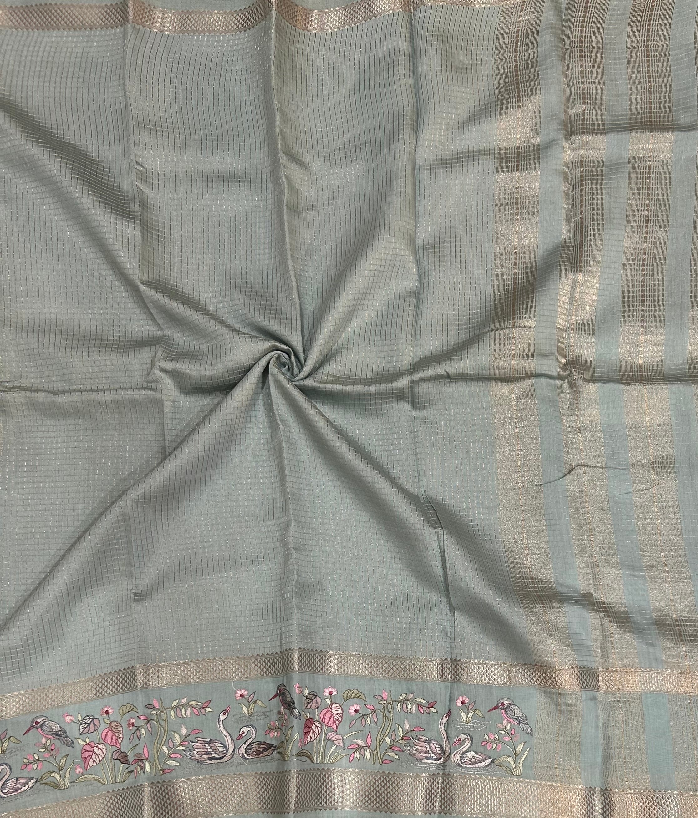 Pastel blue-2 checks embrodiery butta border soft tussar crepe 104 saree
