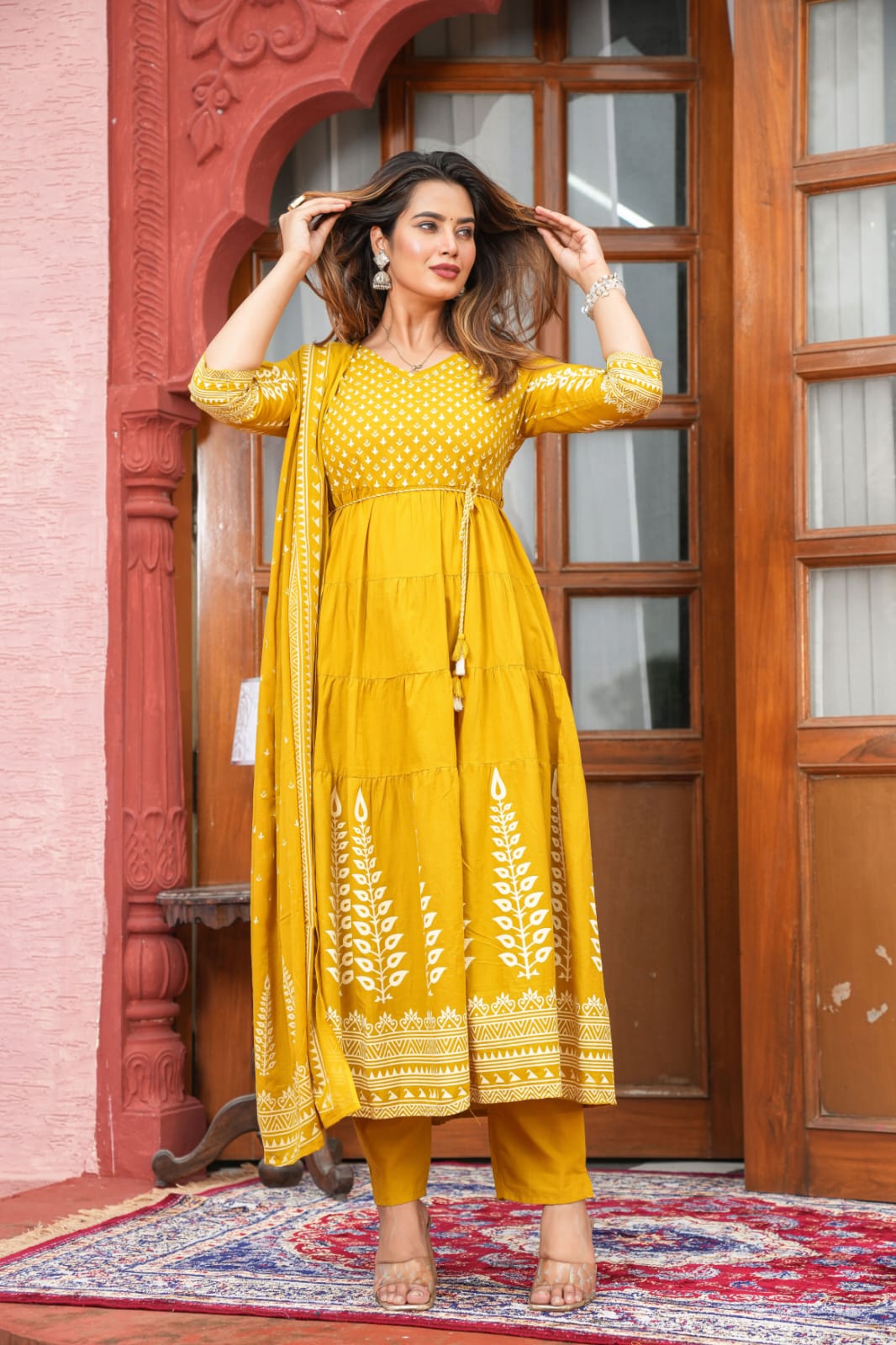 "Naya" Yellow Mul Cotton Block Print Anarkali Kurtha 100