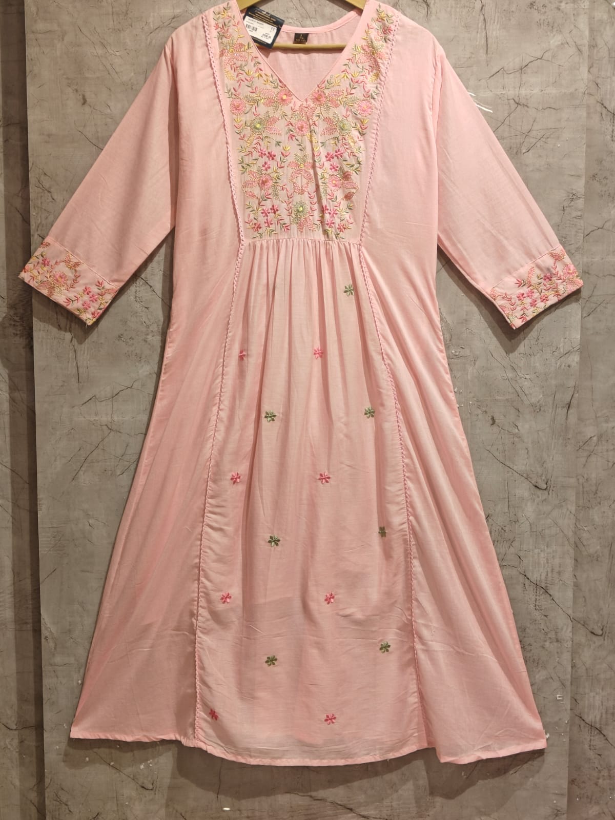 Baby Pink Mul Cotton Thread Embroidery Airline Kurtha488