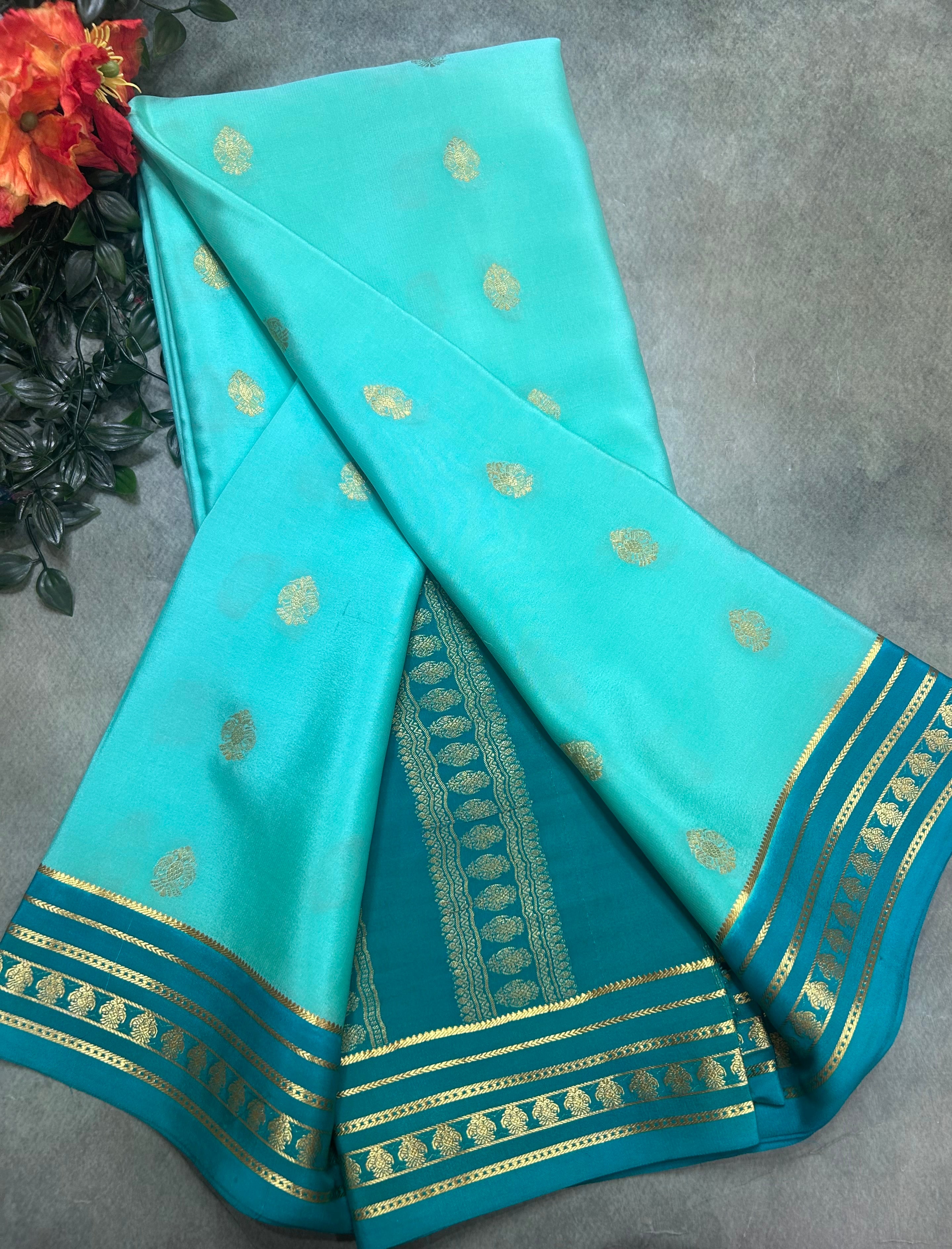 Sea green stripes border pure Mysore silk 106 saree