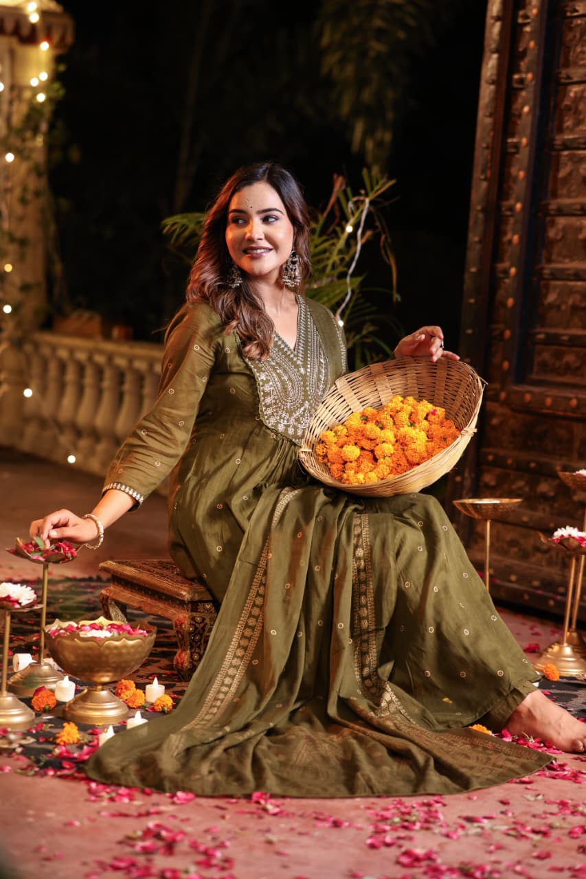 Green Cotton Hand Embroidery Airline Kurtha 677